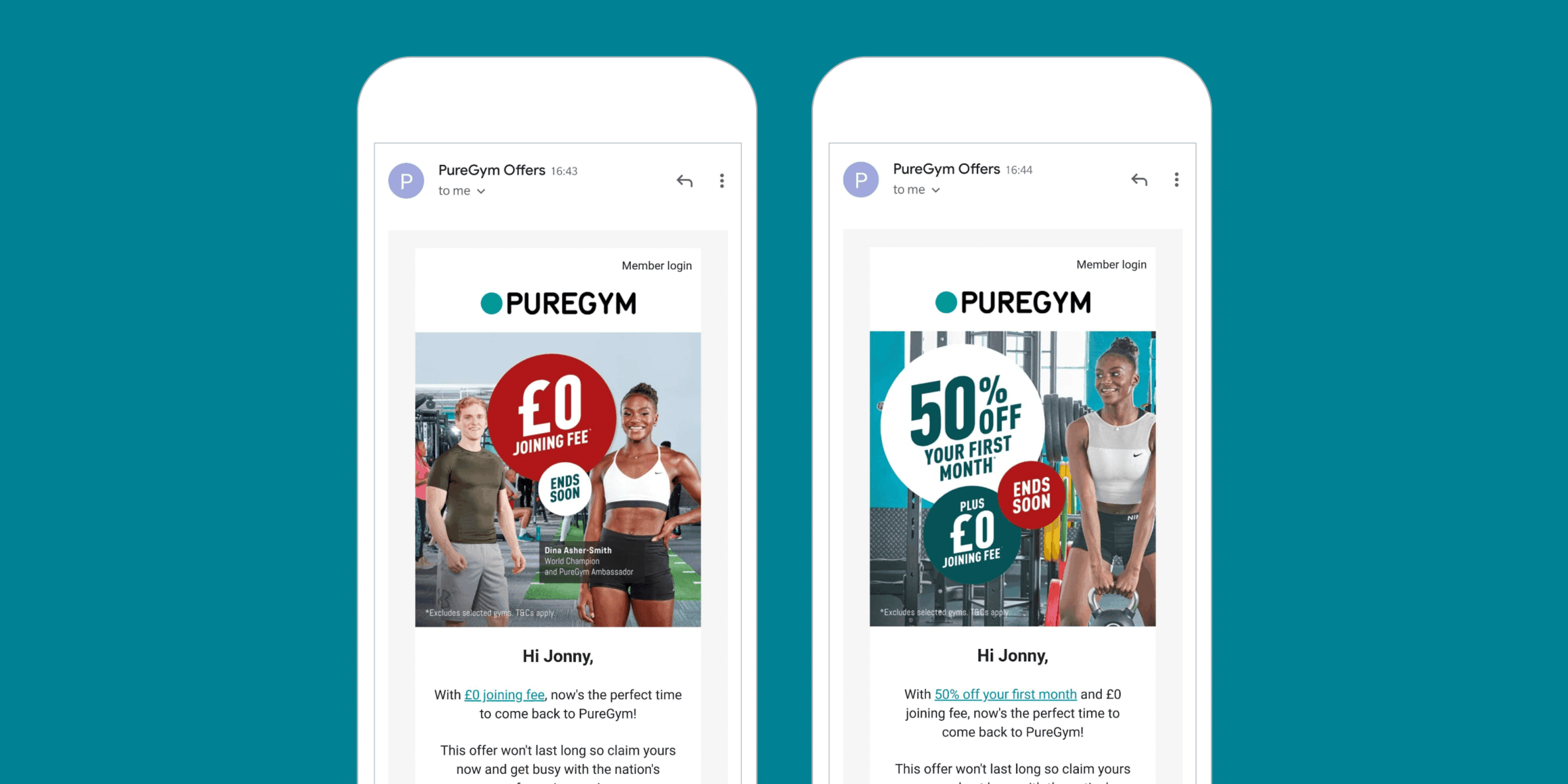 Promotional emails from PureGym featuring offers for new members, including a £0 joining fee and 50% off the first month.