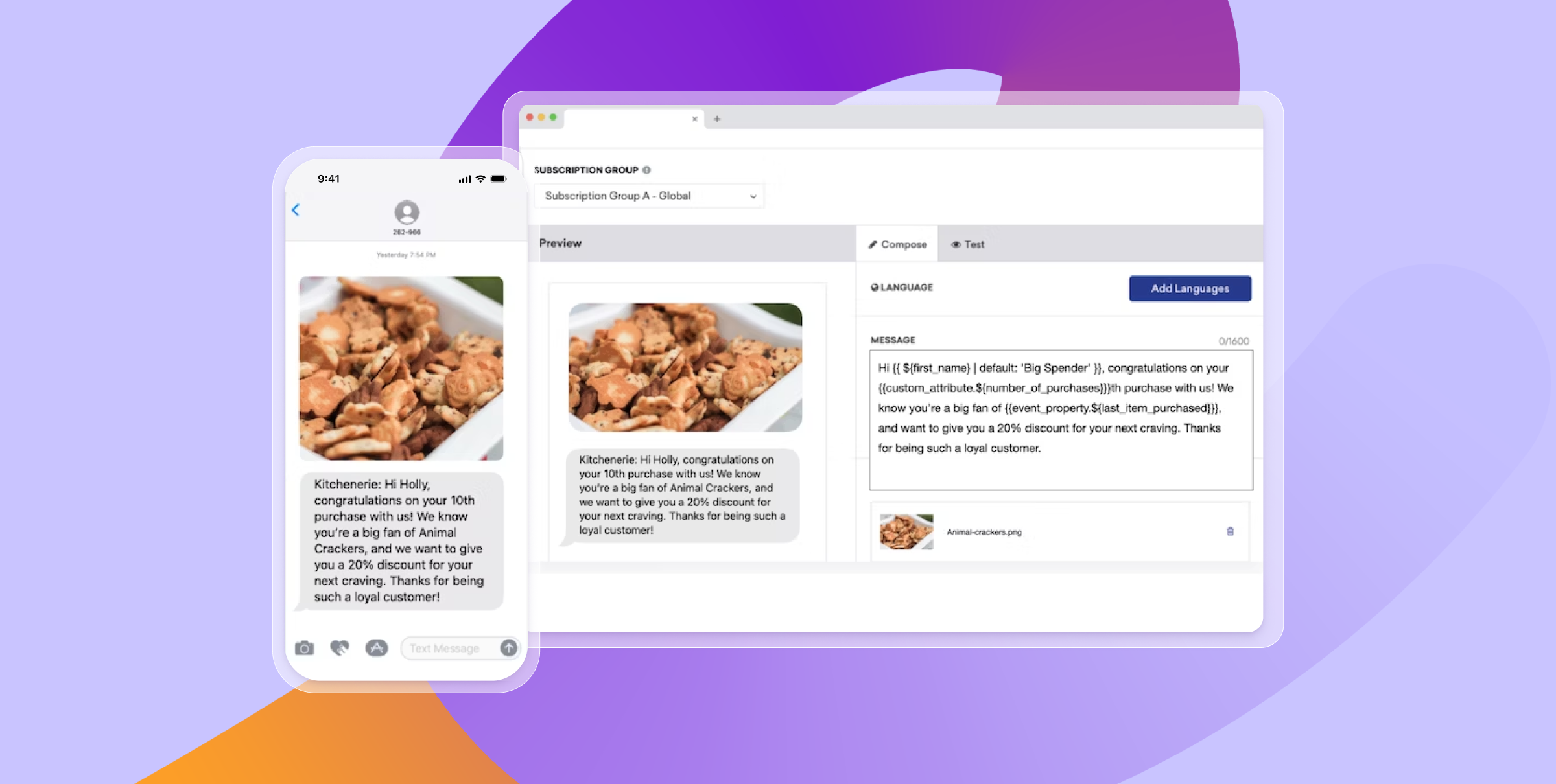 Um telefone exibe uma mensagem de texto personalizada oferecendo um desconto em biscoitos de animais, ao lado de um laptop mostrando o editor de mensagens.