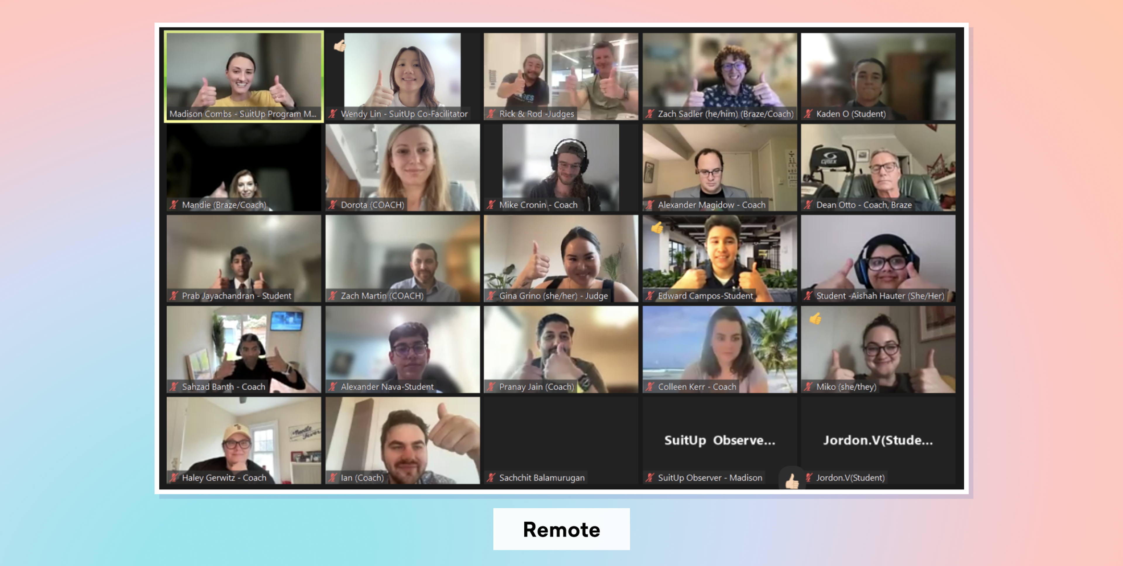 A virtual meeting grid featuring multiple participants, all smiling and giving thumbs up. The background is a gradient of soft colors.
