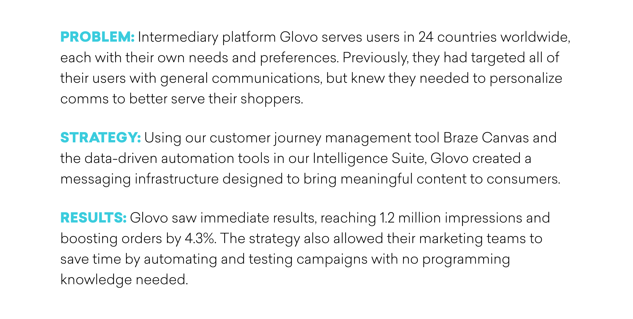 Infographic detailing Glovo's strategy to personalize user experiences, highlighting the problem, strategy, and results achieved through their customer journey management tool. Key results include reaching 12 million impressions and increasing orders by 4.3%.