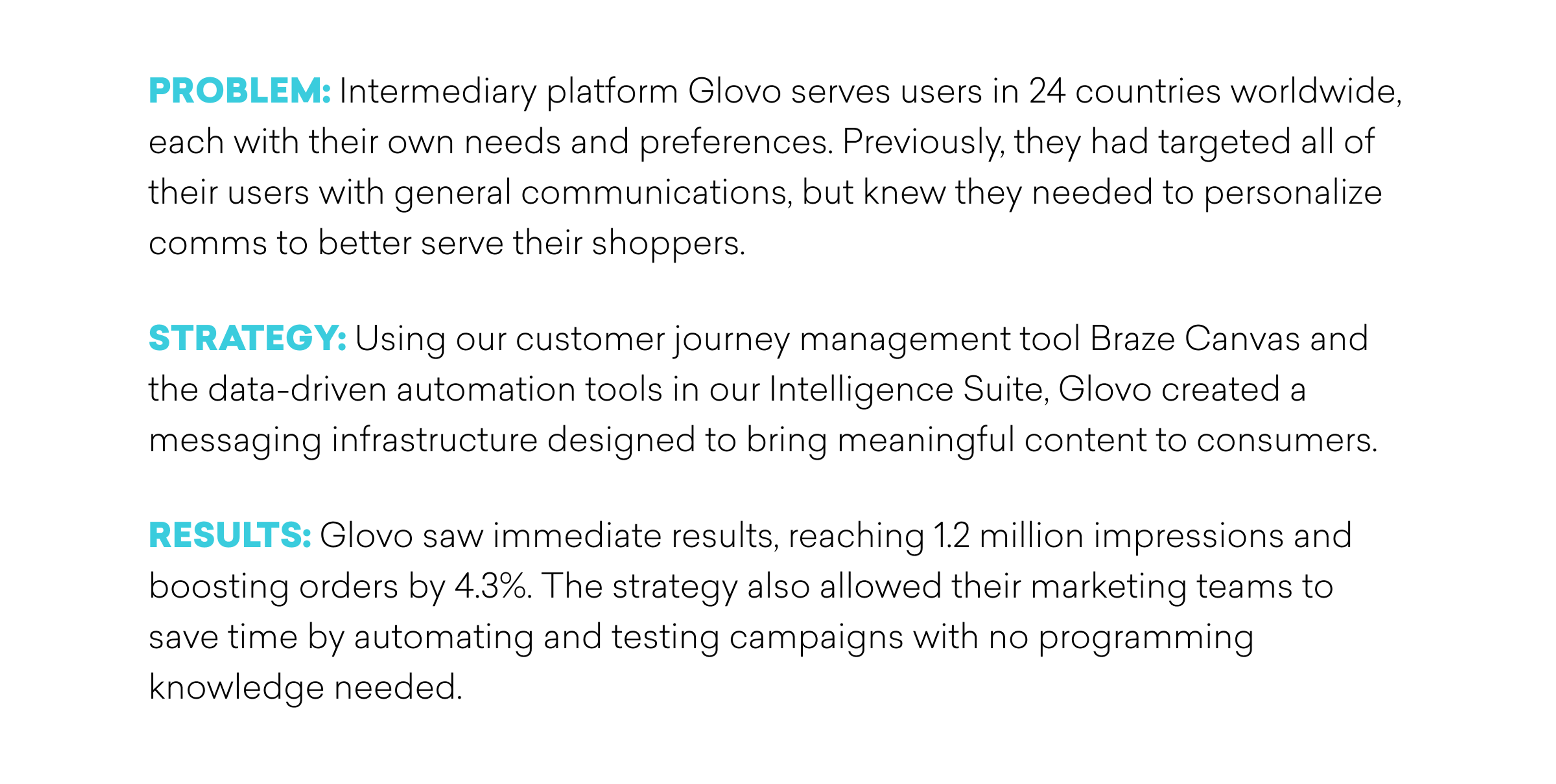 Infographic detailing Glovo's strategy to personalize user experiences, highlighting the problem, strategy, and results achieved through their customer journey management tool. Key results include reaching 12 million impressions and increasing orders by 4.3%.