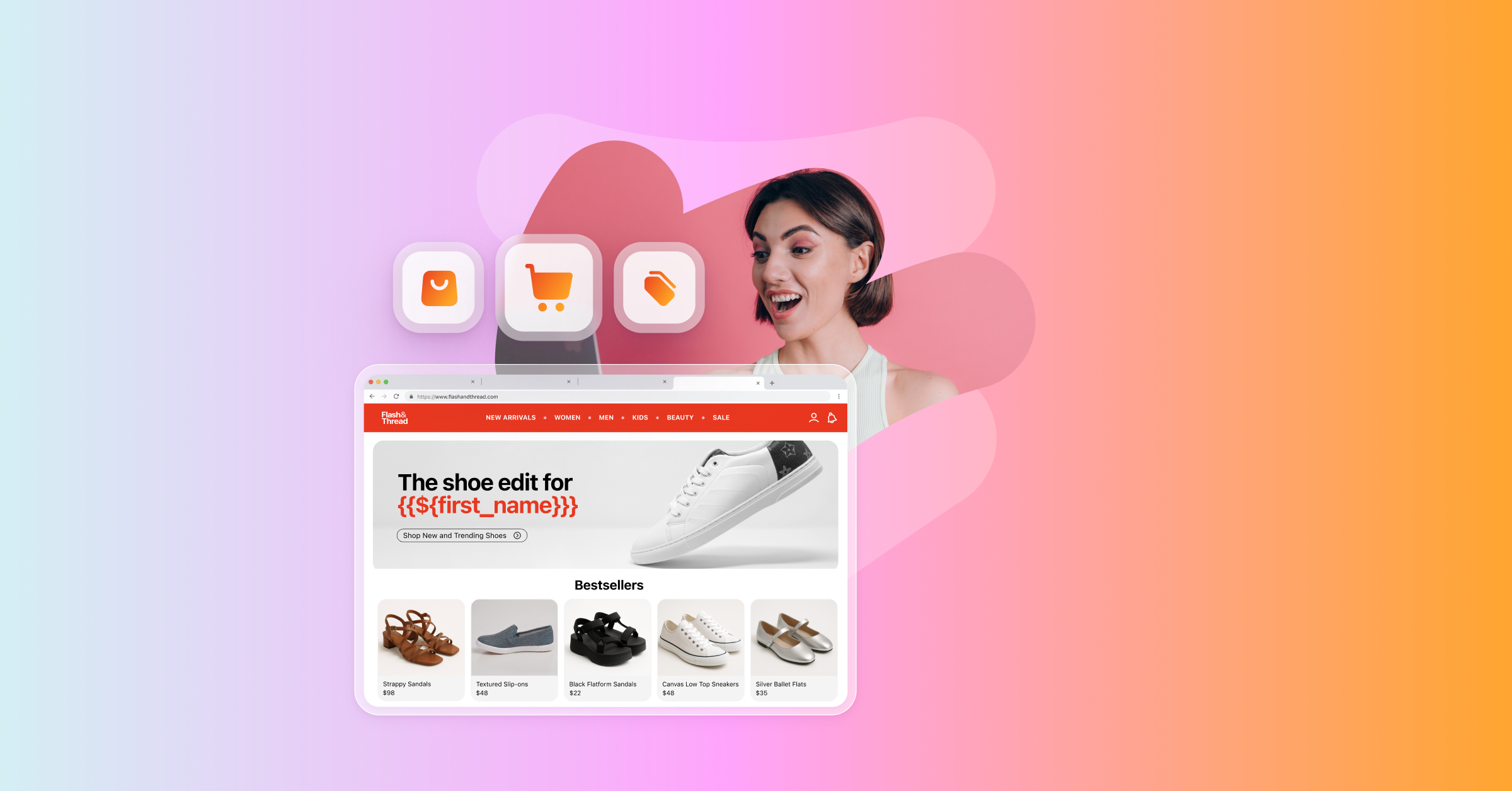 A woman looks excitedly at a laptop displaying a personalized shoe shopping website, with floating e-commerce icons.