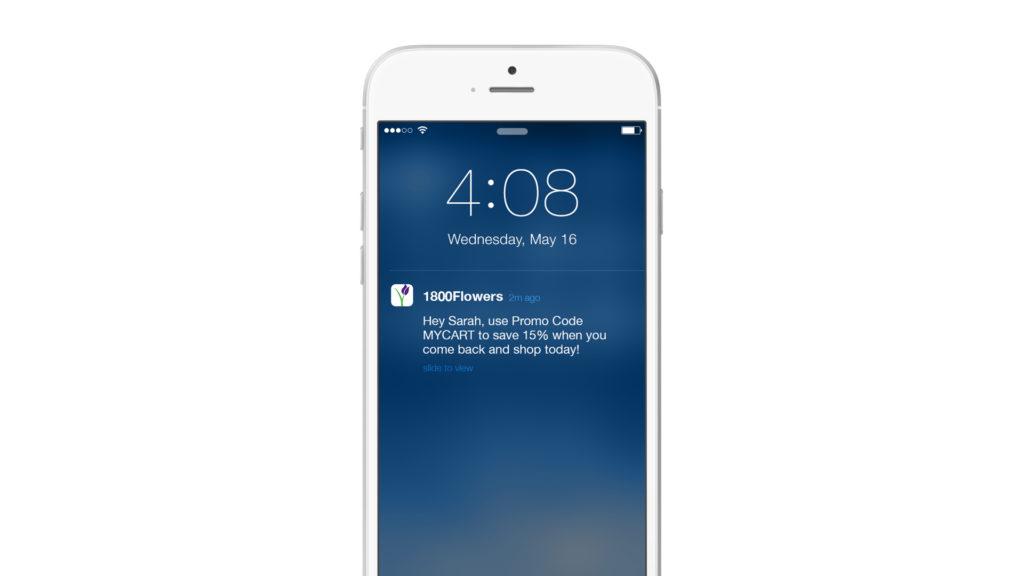 A smartphone screen displaying a notification from 1800Flowers with a promotional message for a discount. The time is 4:08 PM on May 16.