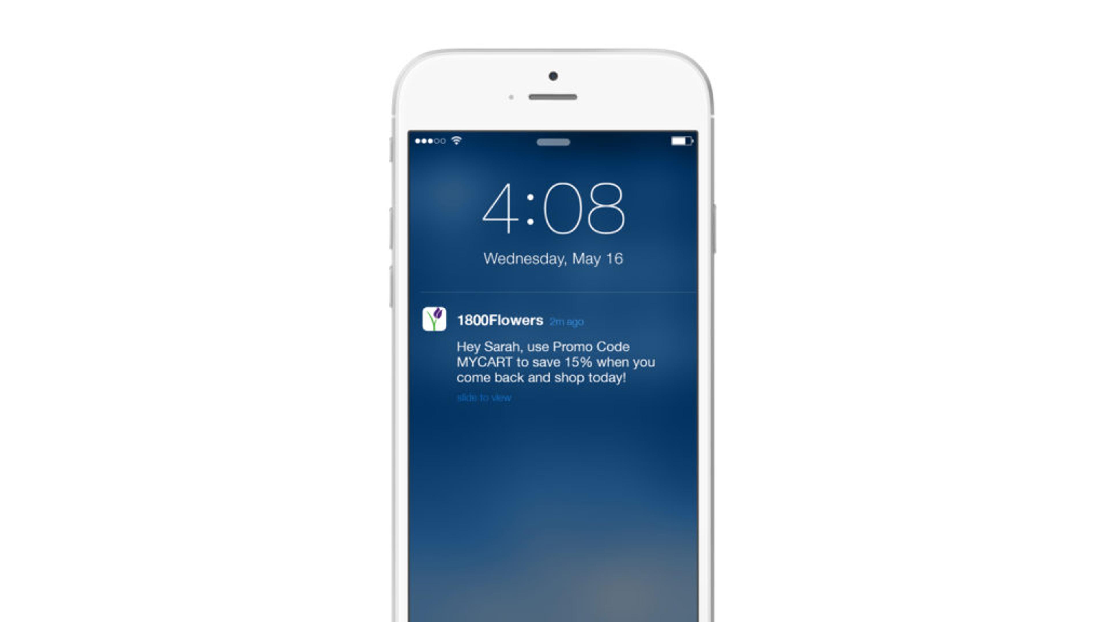 A smartphone screen displaying a notification from 1800Flowers with a promotional message for a discount. The time is 4:08 PM on May 16.