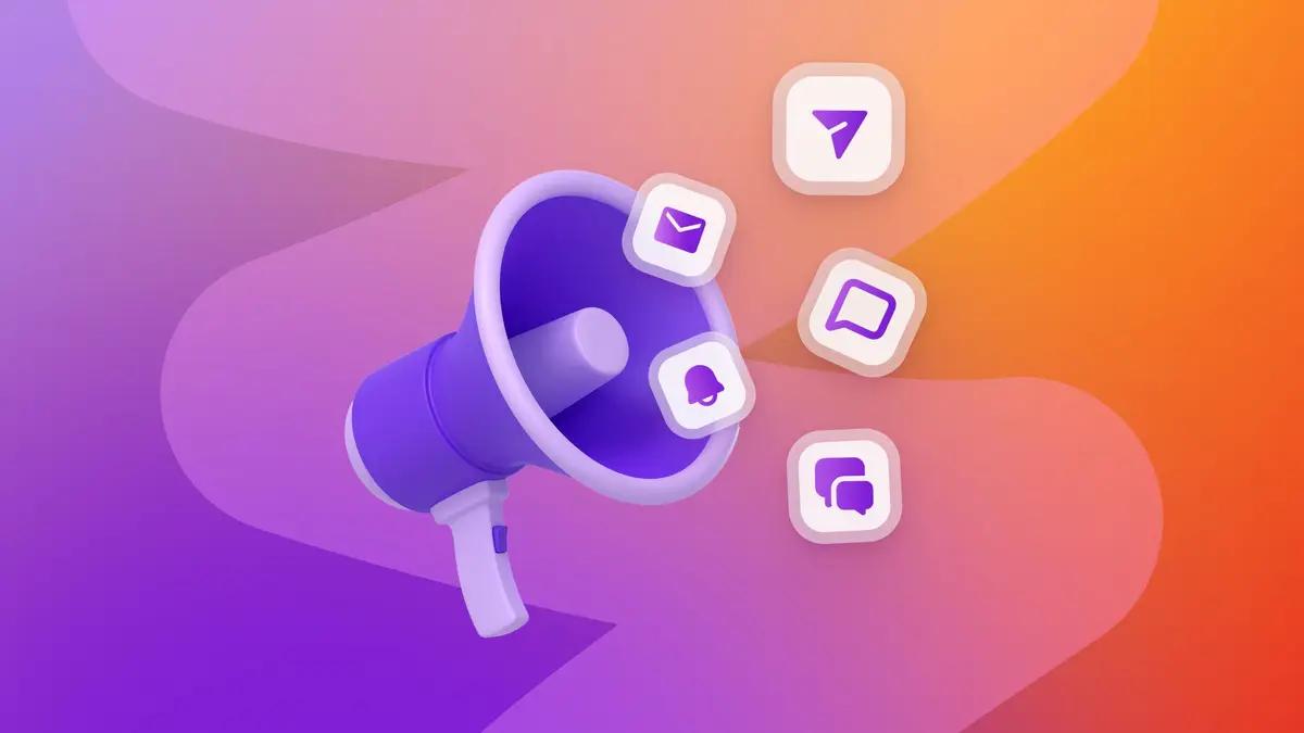 Um megafone roxo com ícones de comunicação flutuantes sobre um fundo degradê roxo e laranja.
