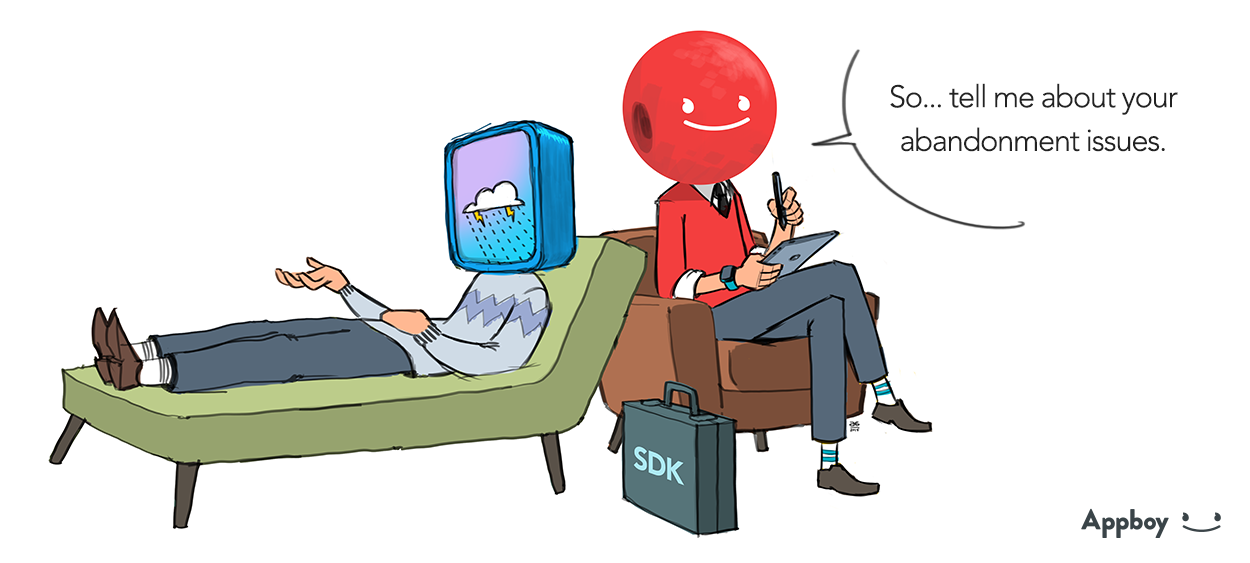 A character with a television for a head lies on a couch, while another character with a red ball for a head sits nearby, holding a tablet and discussing abandonment issues.