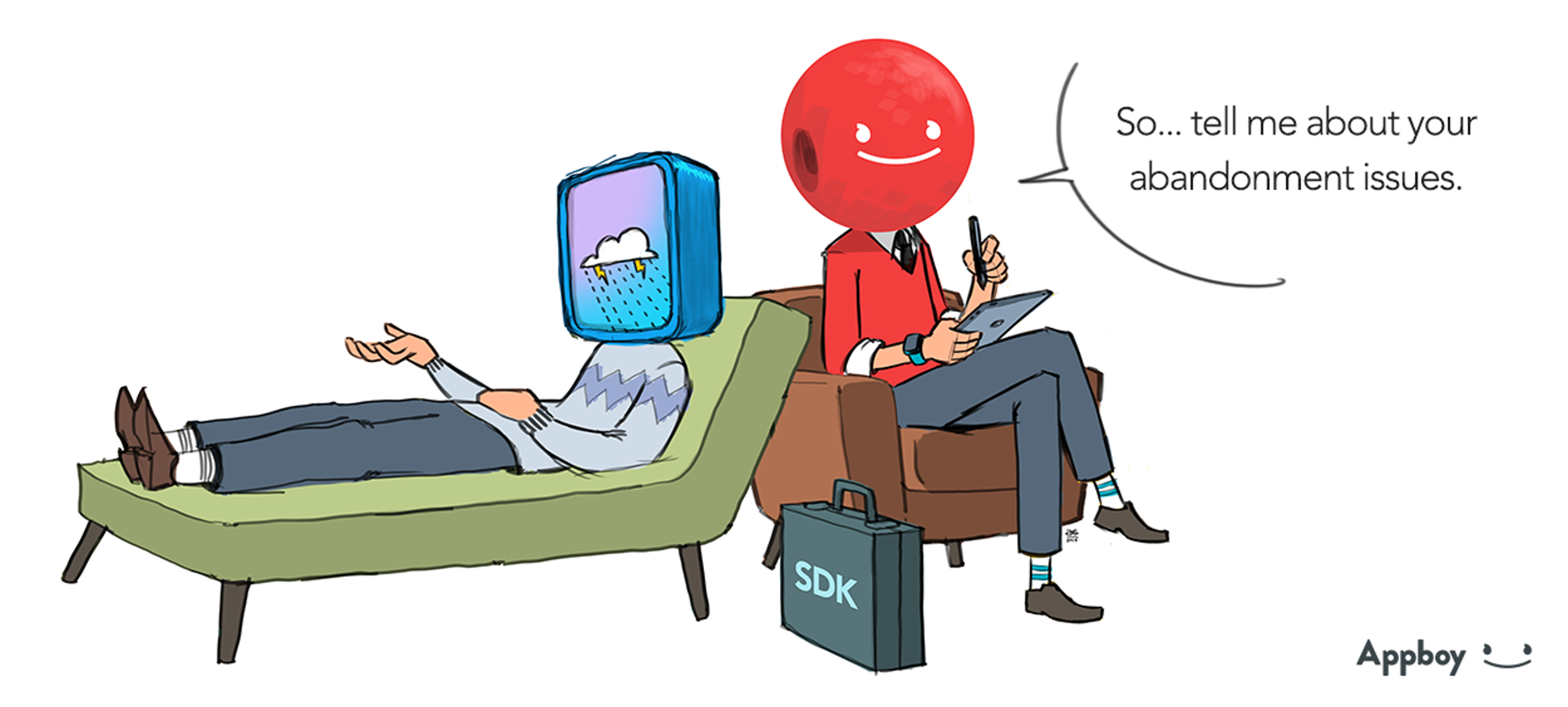 A character with a television for a head lies on a couch, while another character with a red ball for a head sits nearby, holding a tablet and discussing abandonment issues.