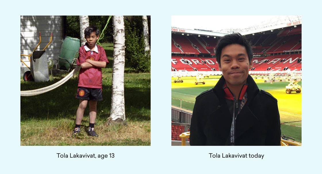 A side-by-side comparison of Tola Lakavivat at age 13 and as an adult. The left image shows him in a red soccer jersey, and the right image shows him smiling in front of a stadium.