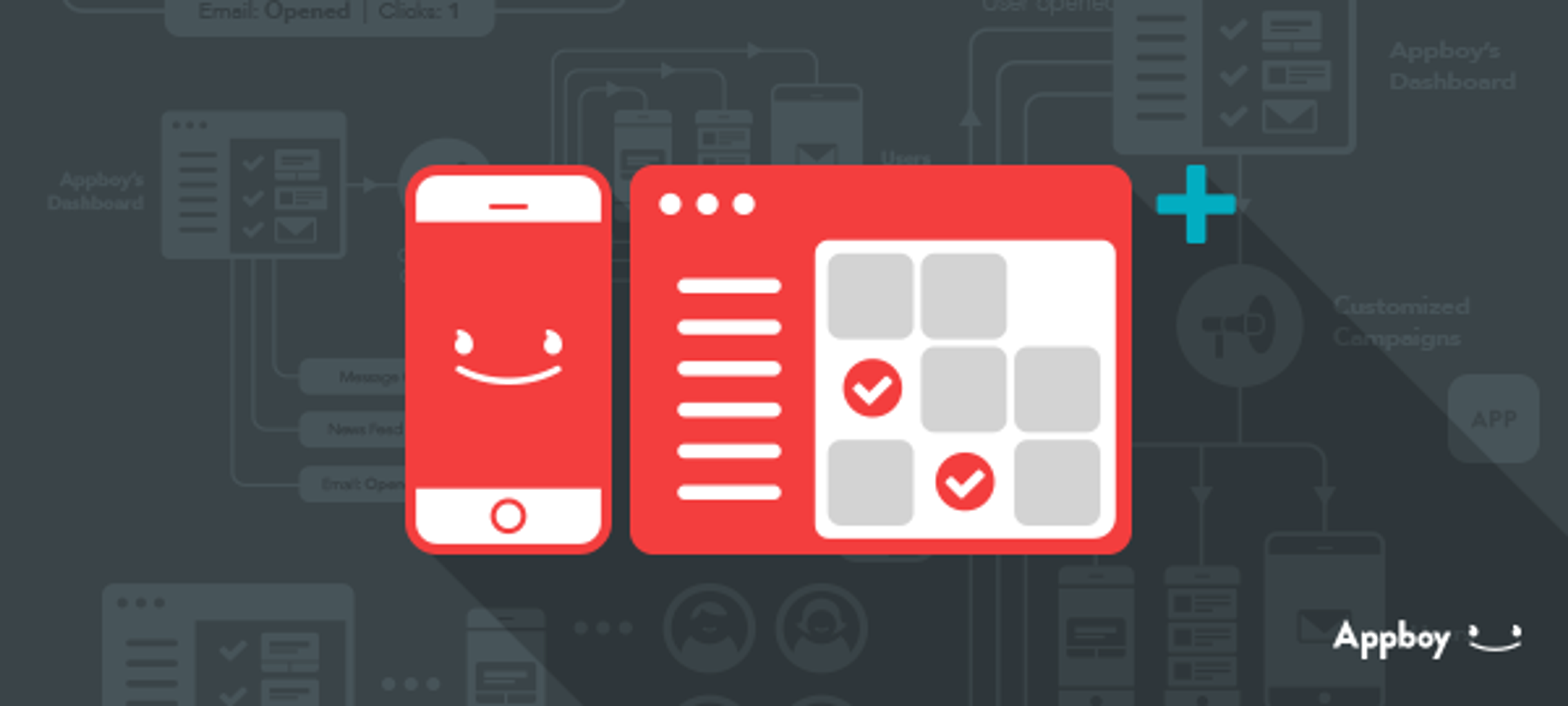 A smartphone and a dashboard interface with checkboxes, representing app engagement and campaign management. The background features a flowchart of user interactions.