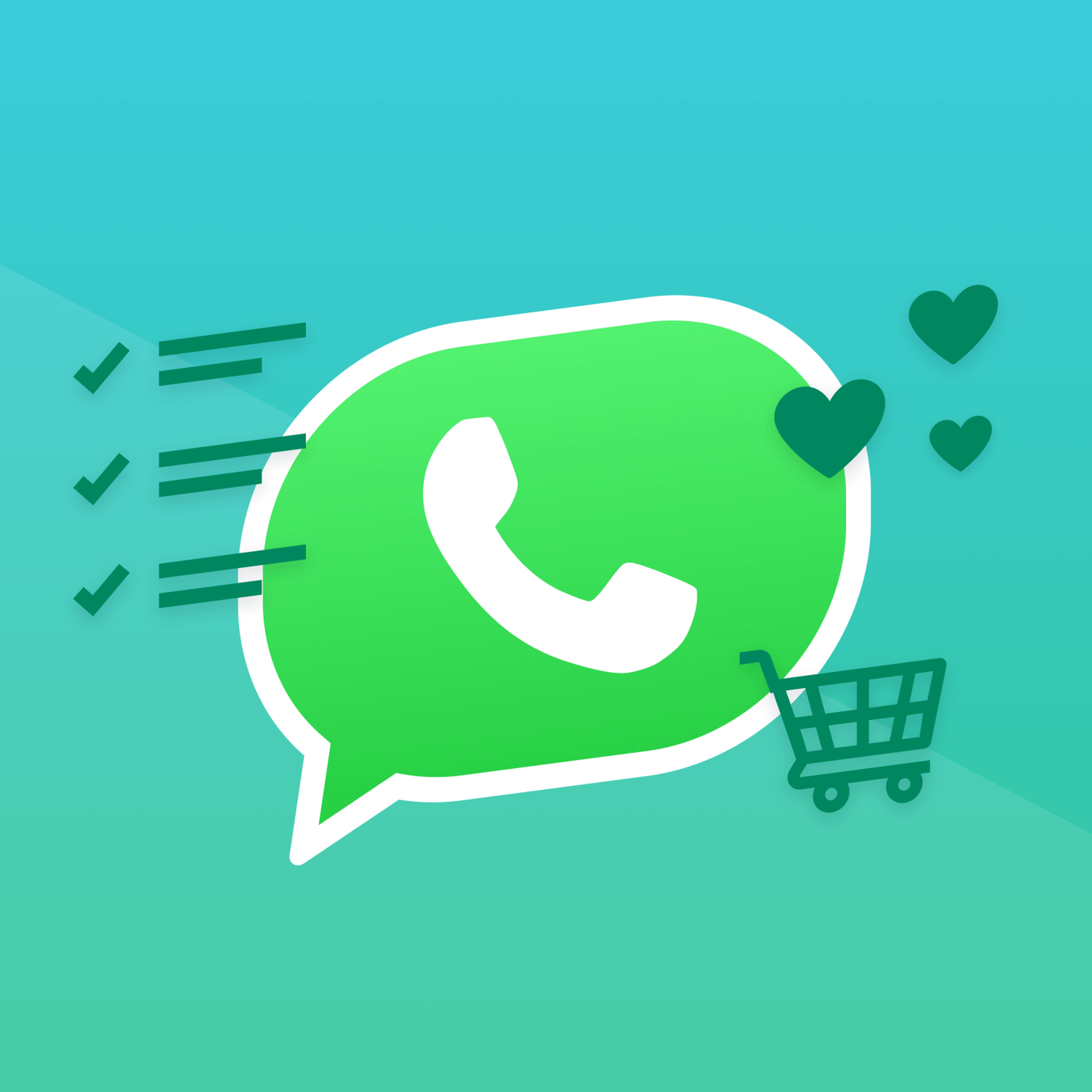 A green speech bubble with a WhatsApp logo, a shopping cart, and heart icons, set against a gradient background. The design suggests communication and shopping.