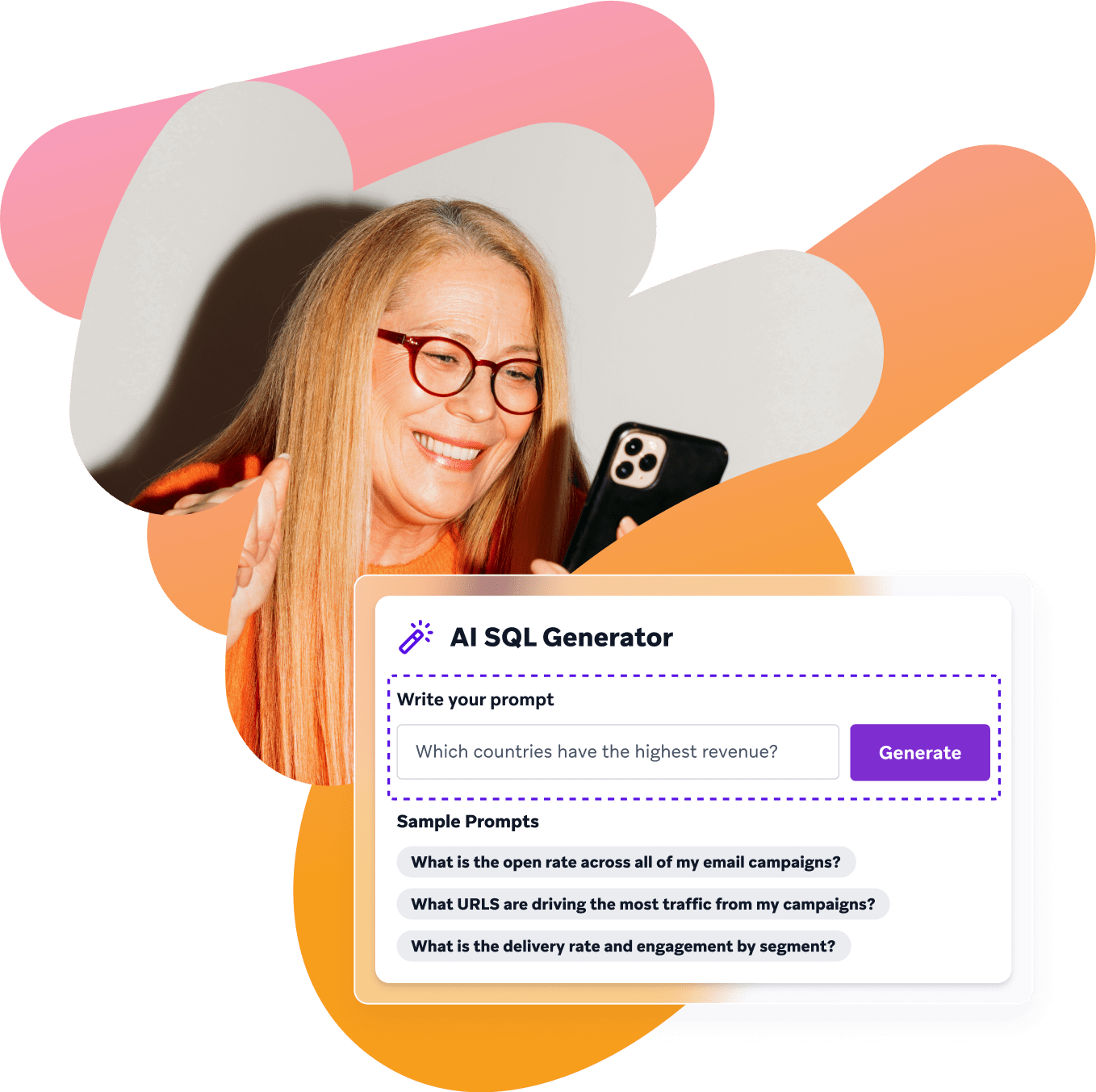 a woman is smiling while using an ai sql generator