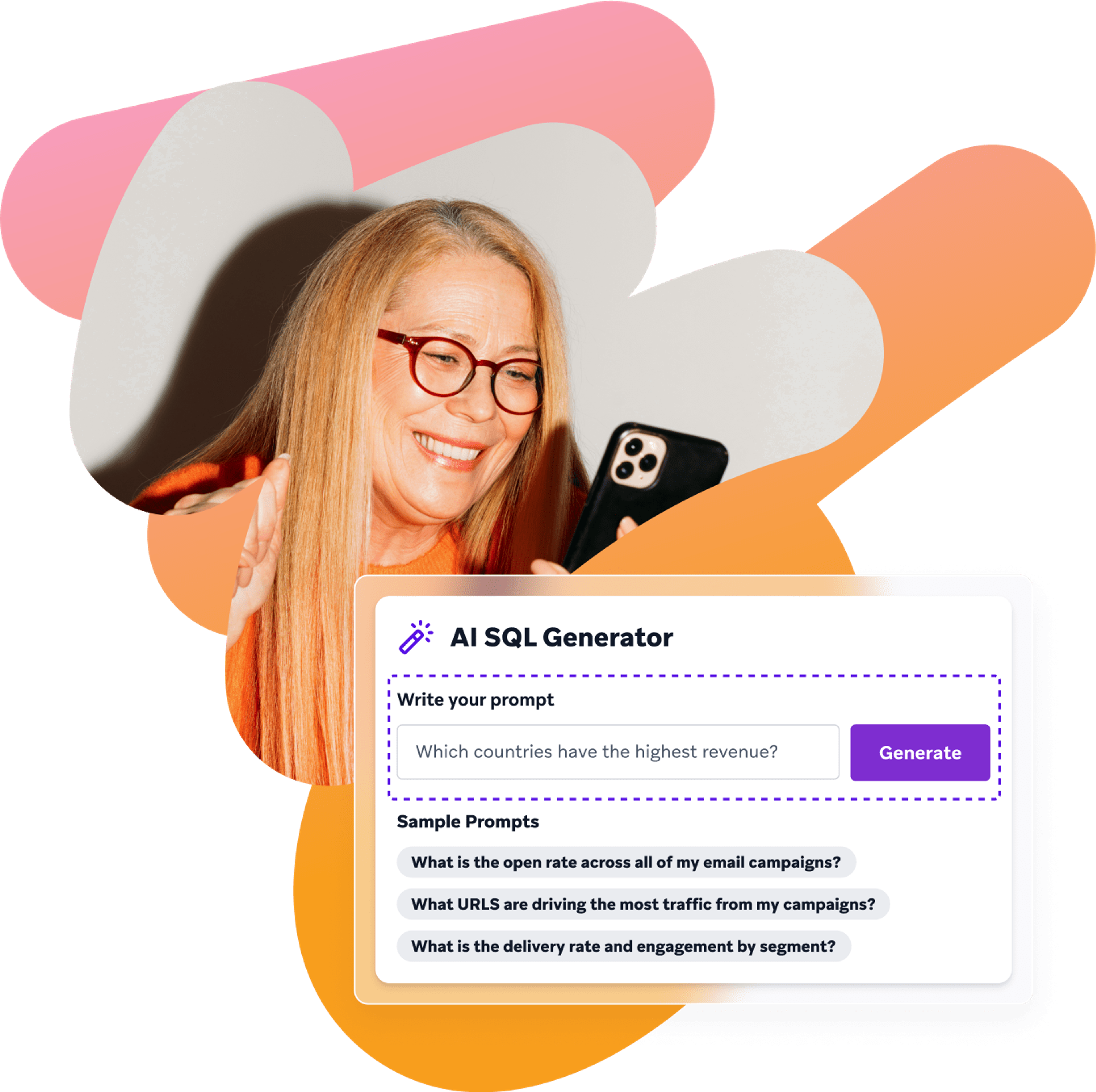 a woman is smiling while using an ai sql generator