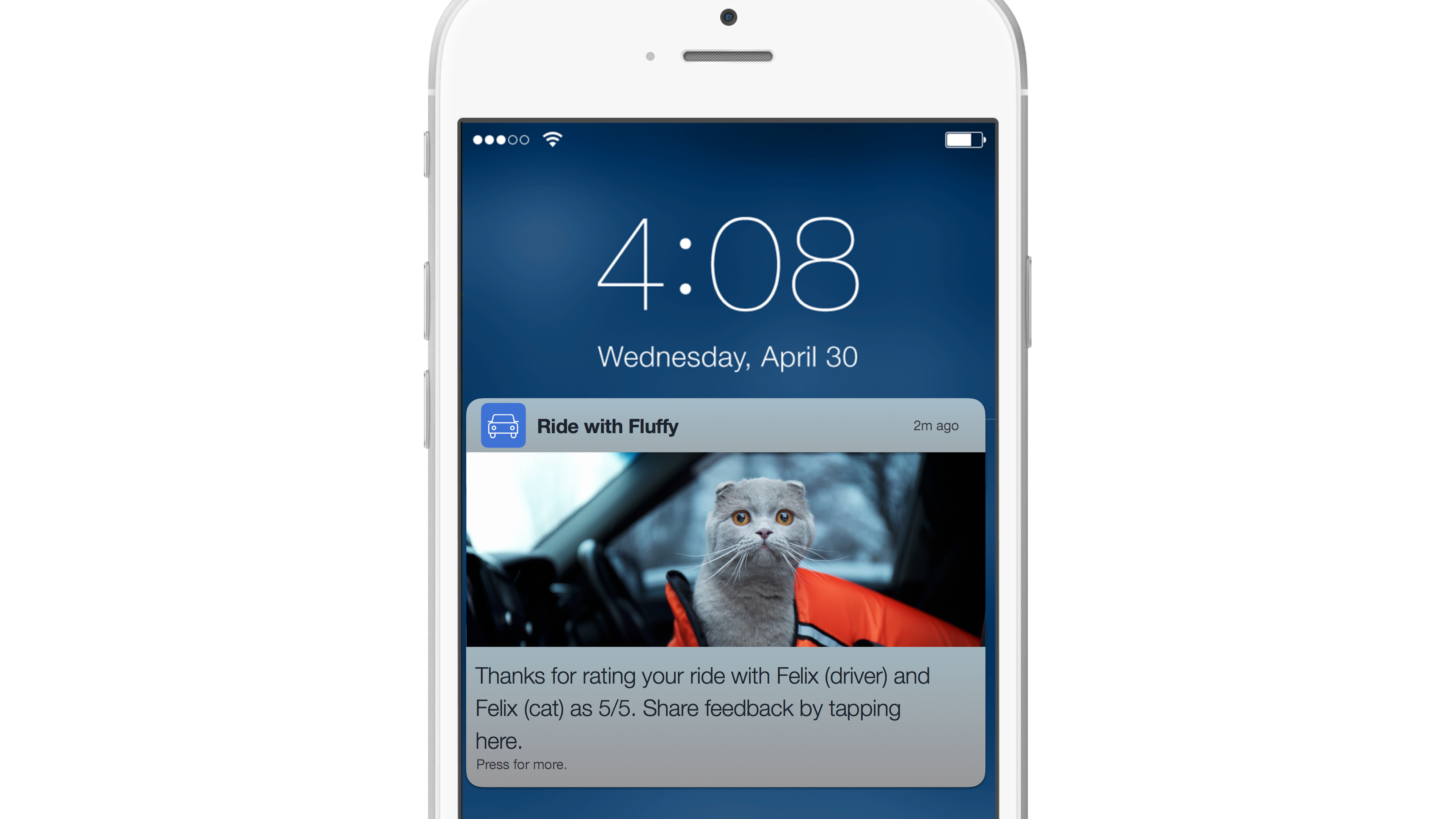 A smartphone screen displaying a notification about a ride with a cat named Felix, featuring a photo of the cat. The time is 4:08 PM on Wednesday, April 30.