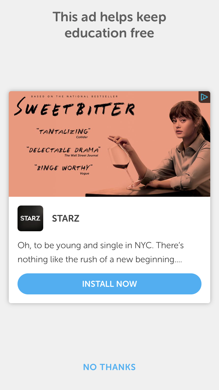 An advertisement for the show "Sweetbitter," featuring a woman holding a glass, with text promoting the series and a call to action to install the app.