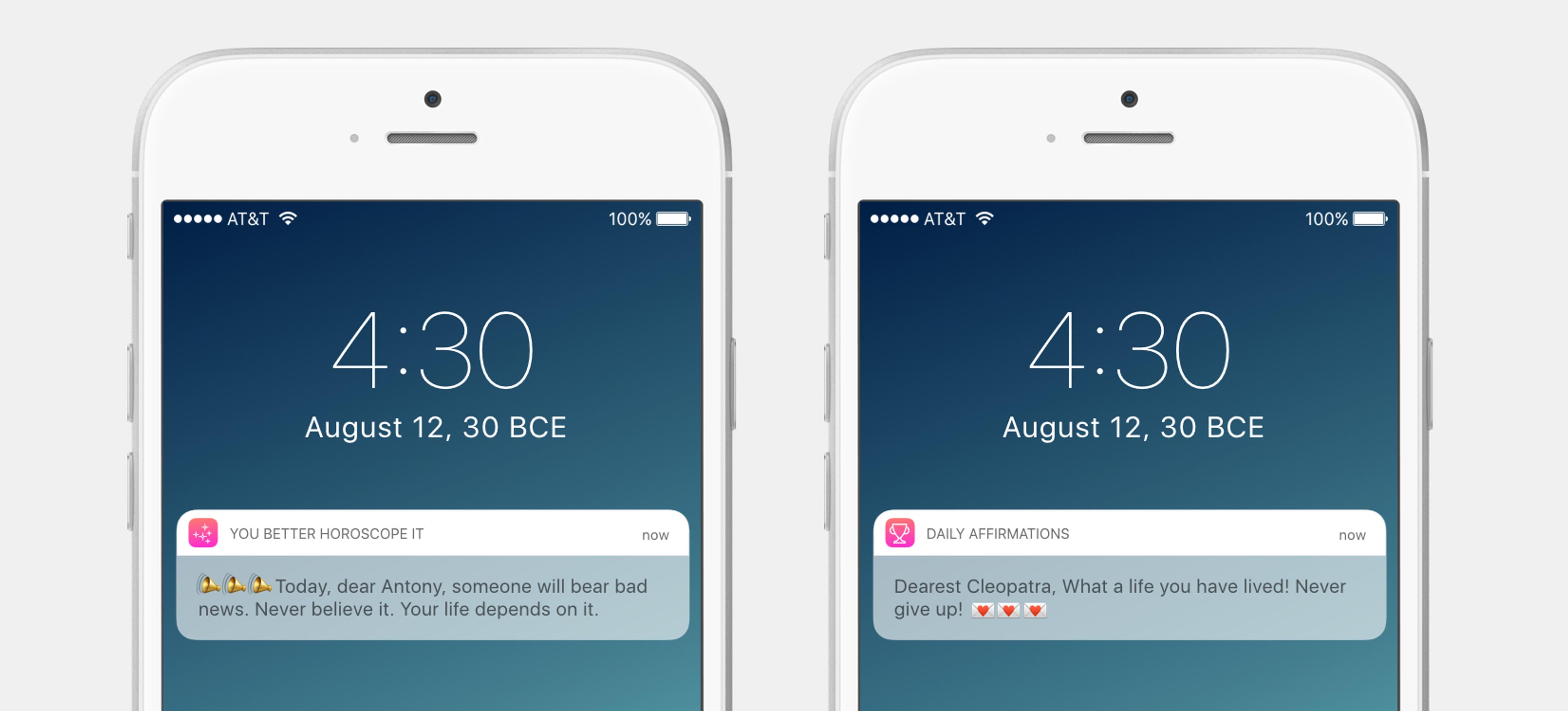 Two smartphone screens displaying notifications. The left screen shows a horoscope alert, while the right screen features a daily affirmation message.