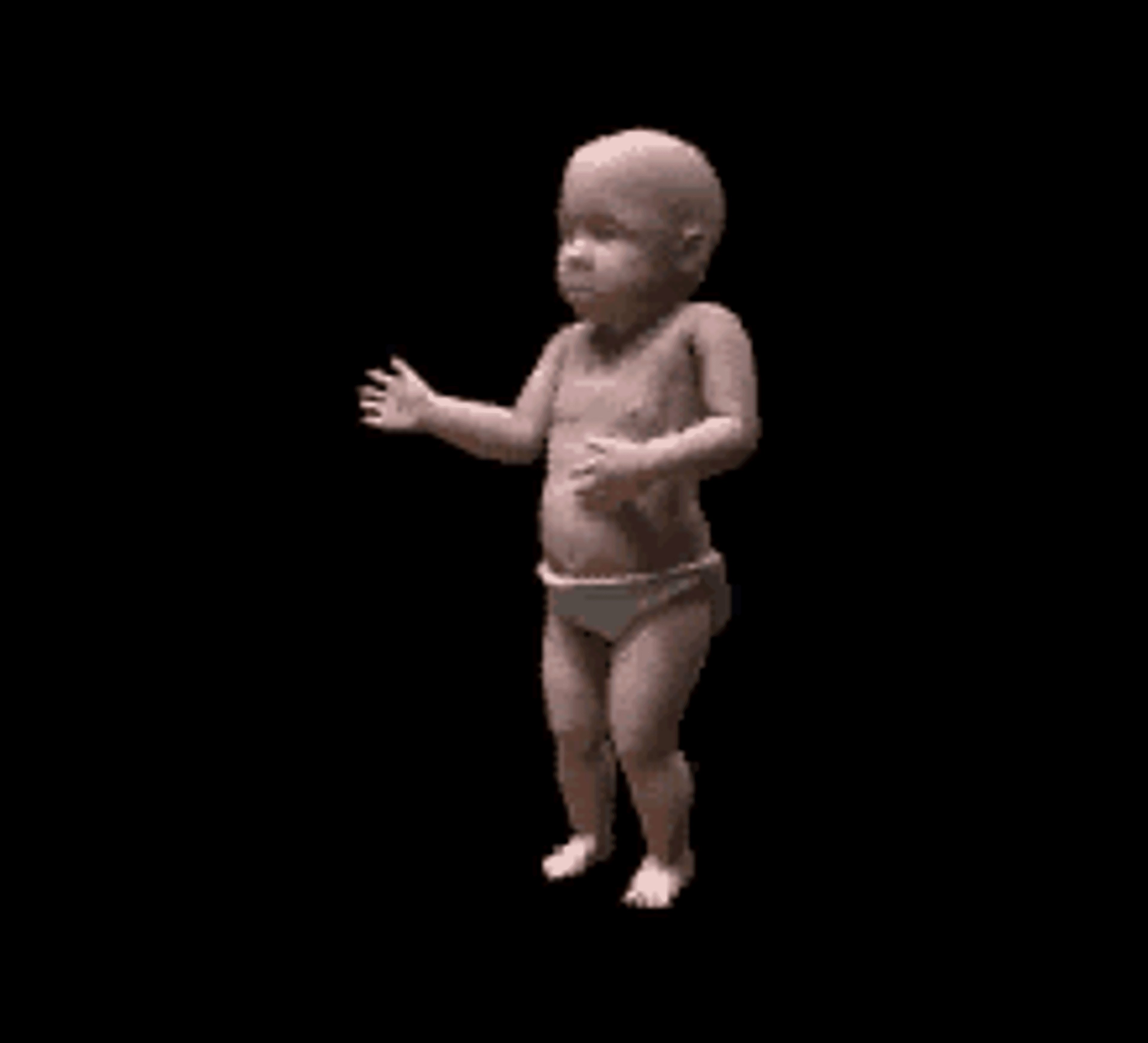 A 3D animated baby is dancing with its arms raised and a playful expression. The background is black, highlighting the baby’s movements.