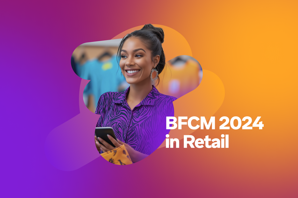 a woman is smiling while holding a cell phone with the words bfcm 2024 in retail below her