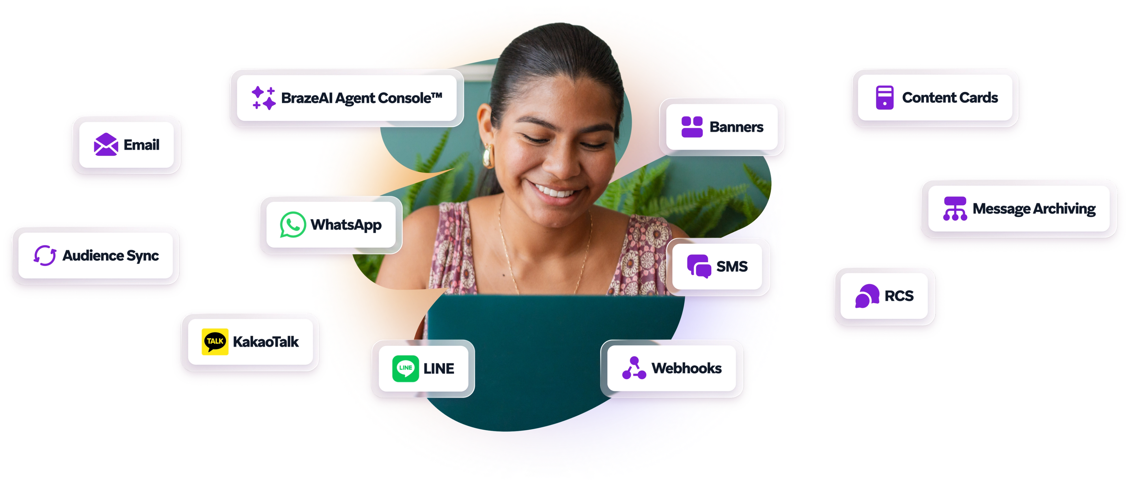 Smiling woman looking at a laptop, surrounded by icons and labels for communication and marketing tools like email, WhatsApp, and AI features.