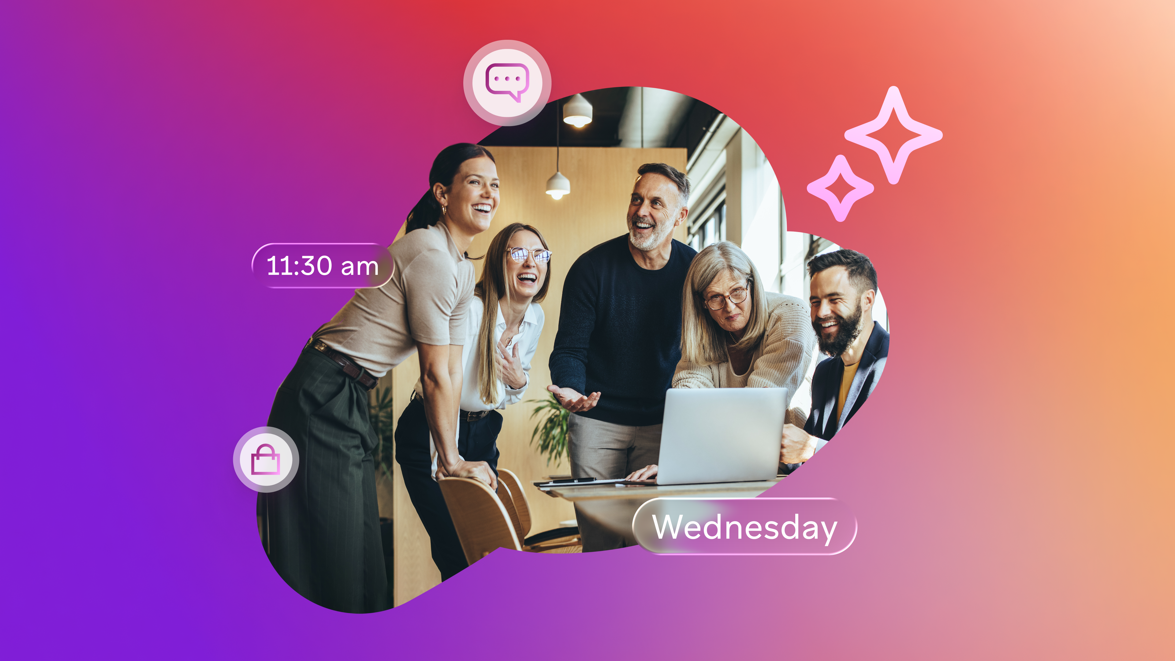 A diverse group of five colleagues gather around a laptop, smiling and collaborating in a modern office, overlaid on a colorful gradient background with icons and labels reading “11:30 am” and “Wednesday.”