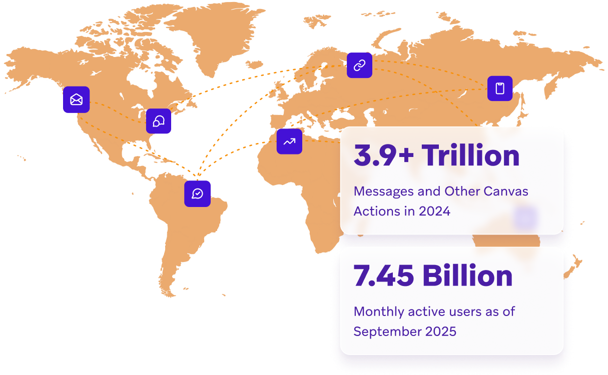 um mapa-múndi mostra mais de 3,9 trilhões de mensagens e outras ações de canvas realizadas em 2024