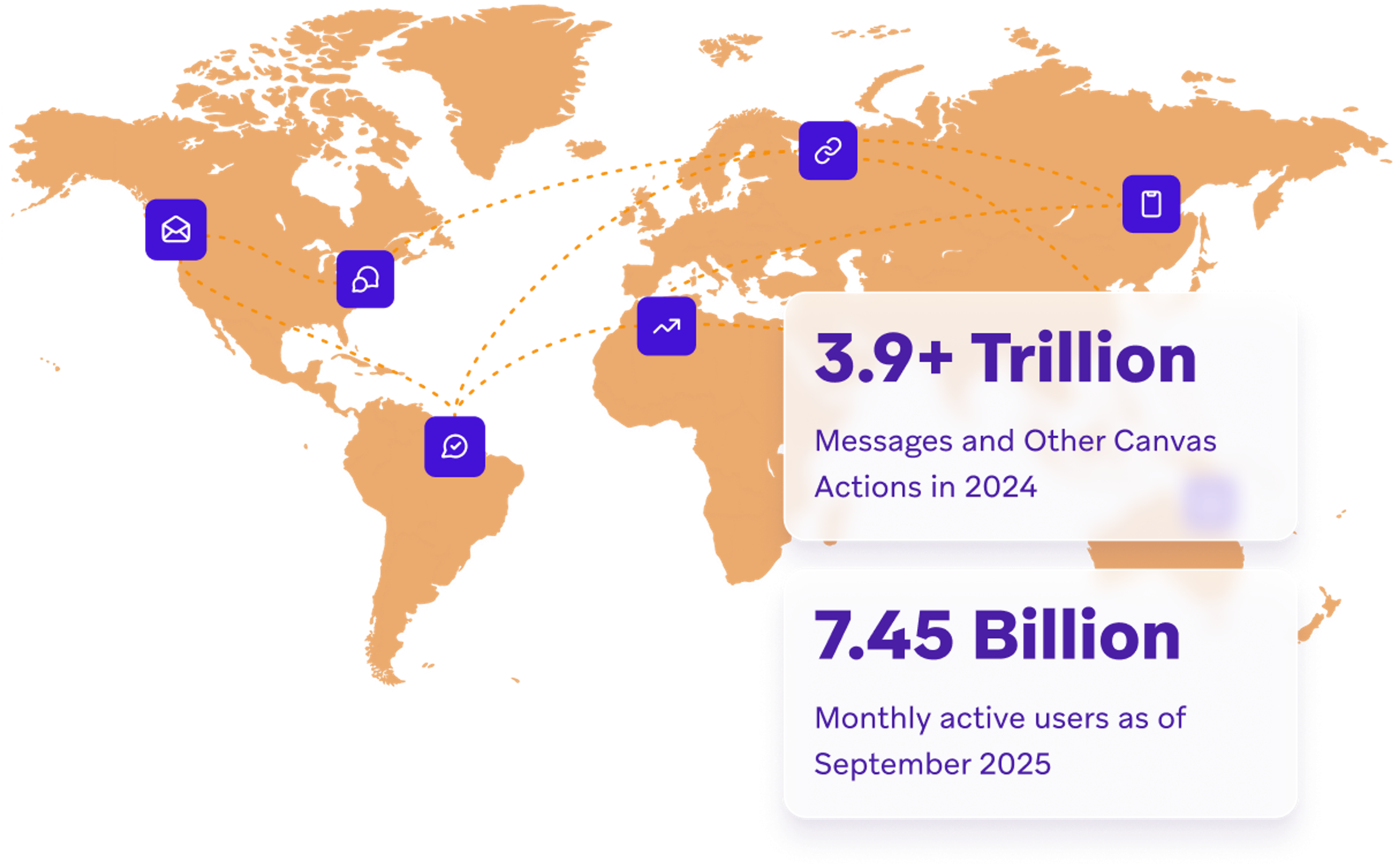 um mapa-múndi mostra mais de 3,9 trilhões de mensagens e outras ações de canvas realizadas em 2024