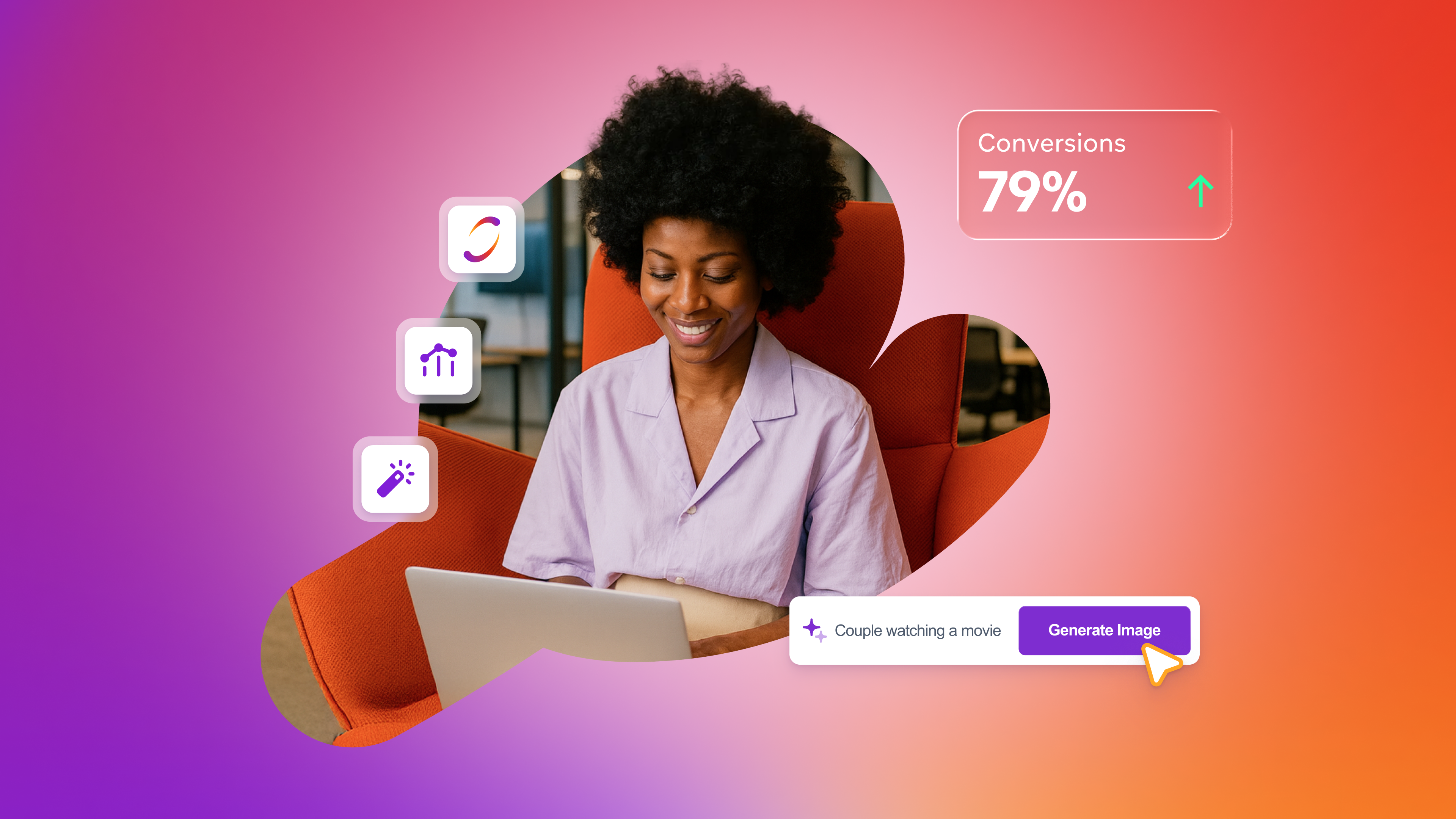 A smiling Black woman uses a laptop, surrounded by floating icons, a "Conversions 79%" overlay, and an image generation prompt.