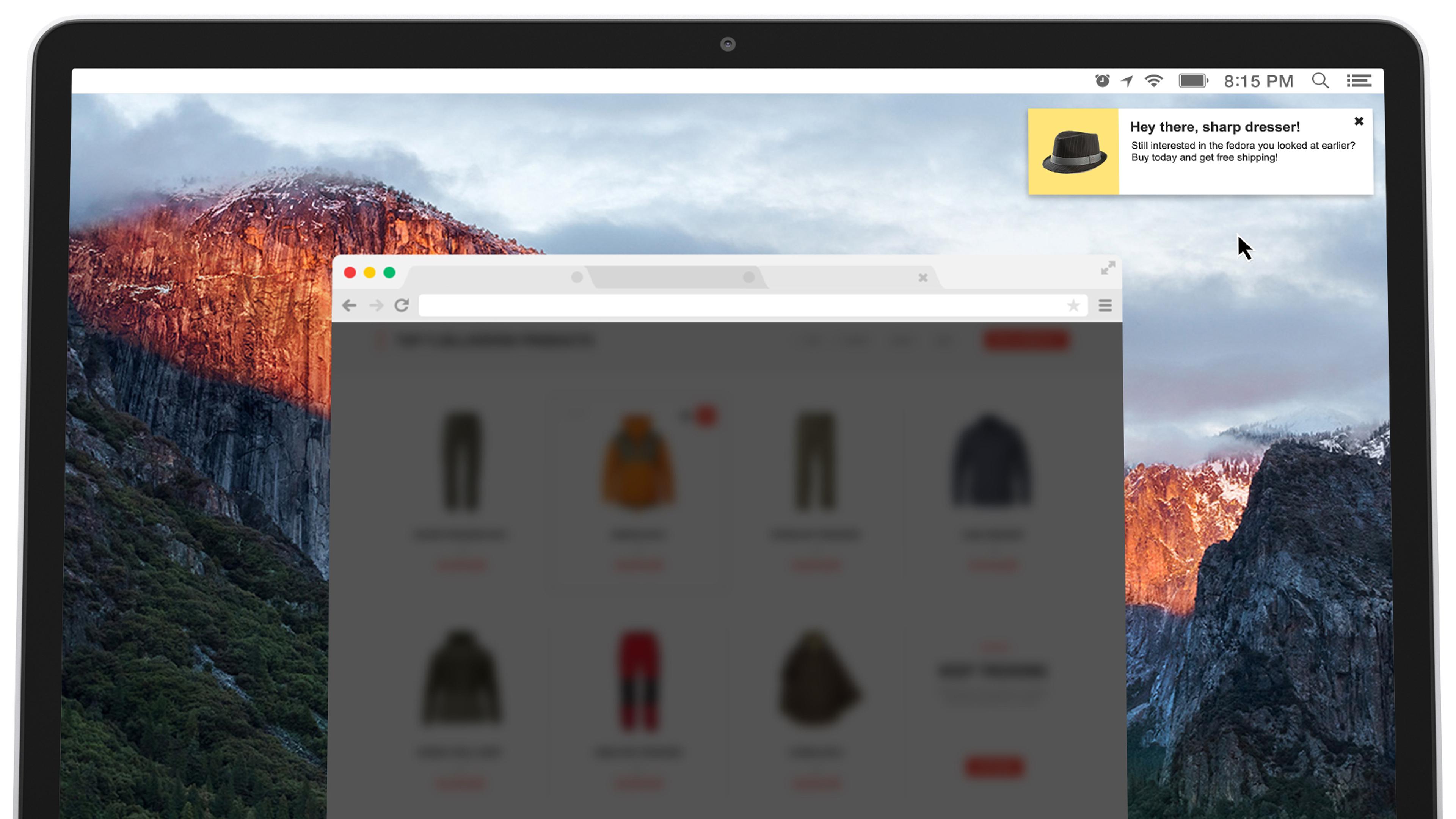A blurred web browser window displaying clothing items on a laptop screen, with a notification about assistance in the top right corner.