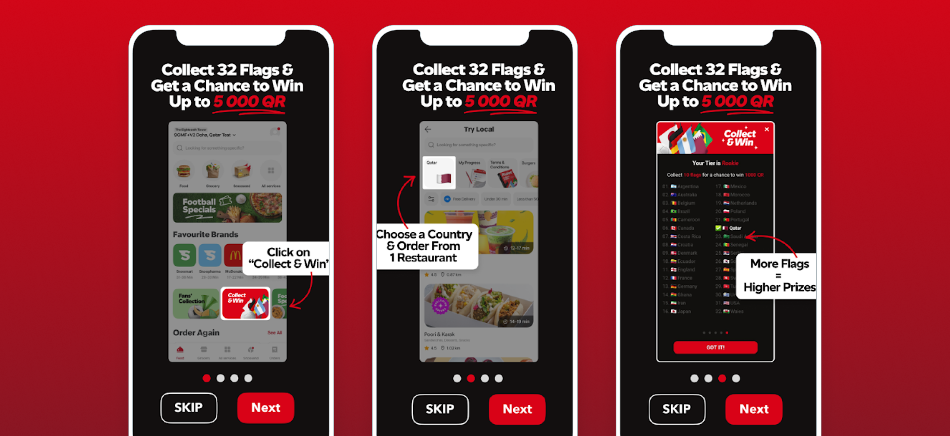 Three smartphone screens displaying a promotional campaign for collecting flags to win prizes. The first screen invites users to click "Collect & Win," the second explains choosing a country from a restaurant, and the third highlights more flags for higher prizes.