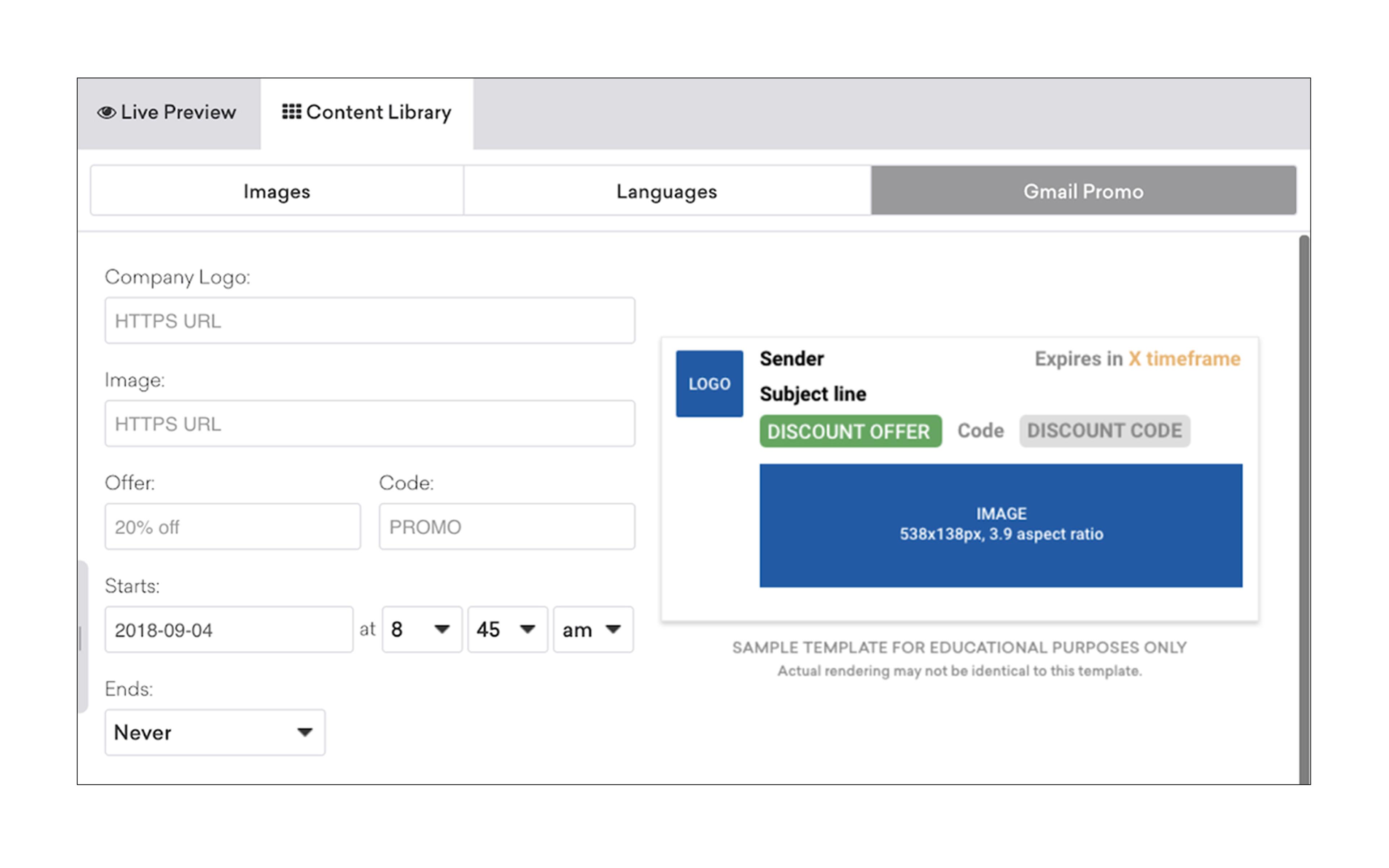 Screenshot of an email marketing template showing sections for company logo, sender information, subject line, expiration time, discount offer, and image dimensions.