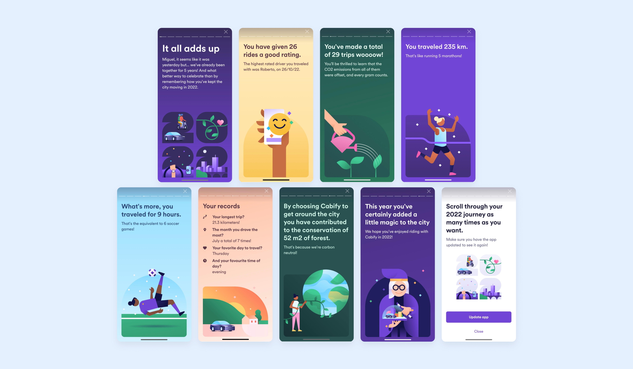 Nine smartphone screens showcasing a "year in review" summary from the Cabify ride-sharing app, featuring colorful illustrations and personalized statistics.