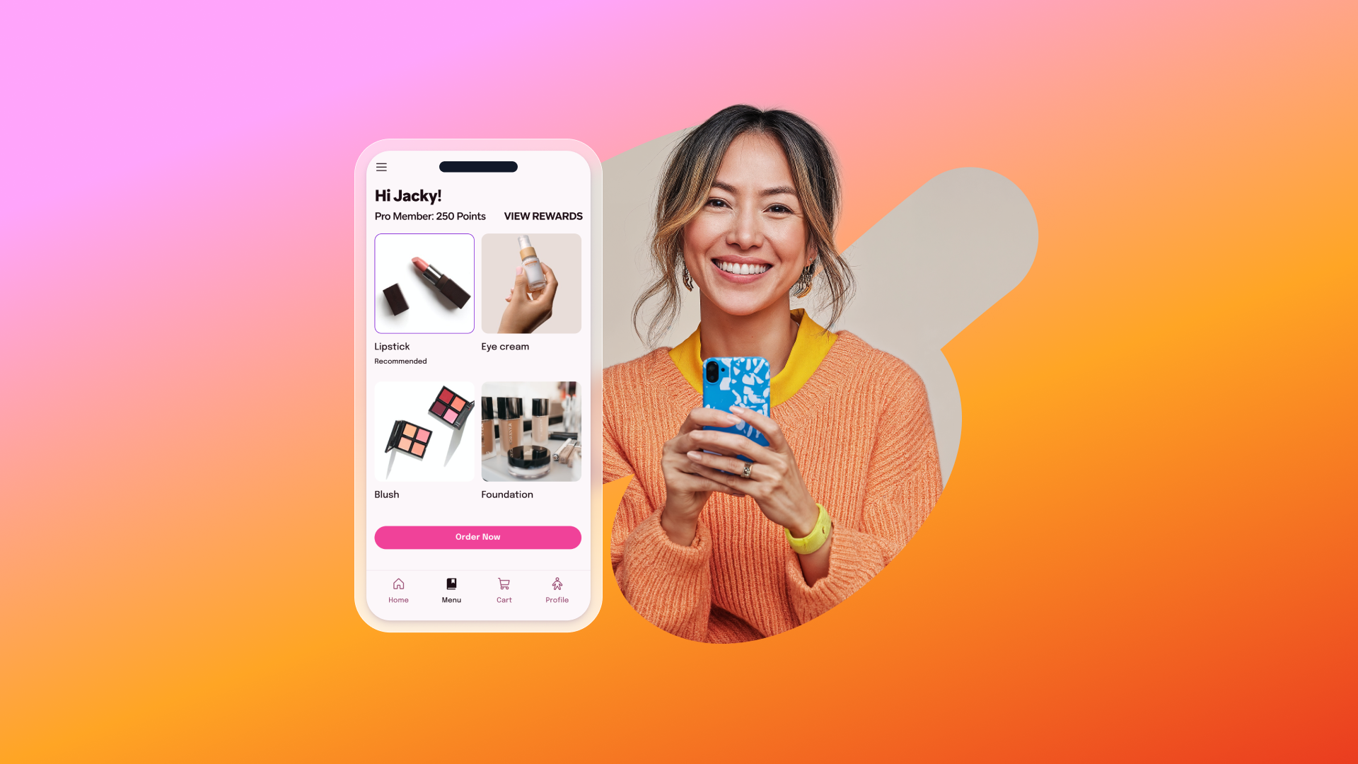 a woman is smiling while holding a cell phone that says hi jacky