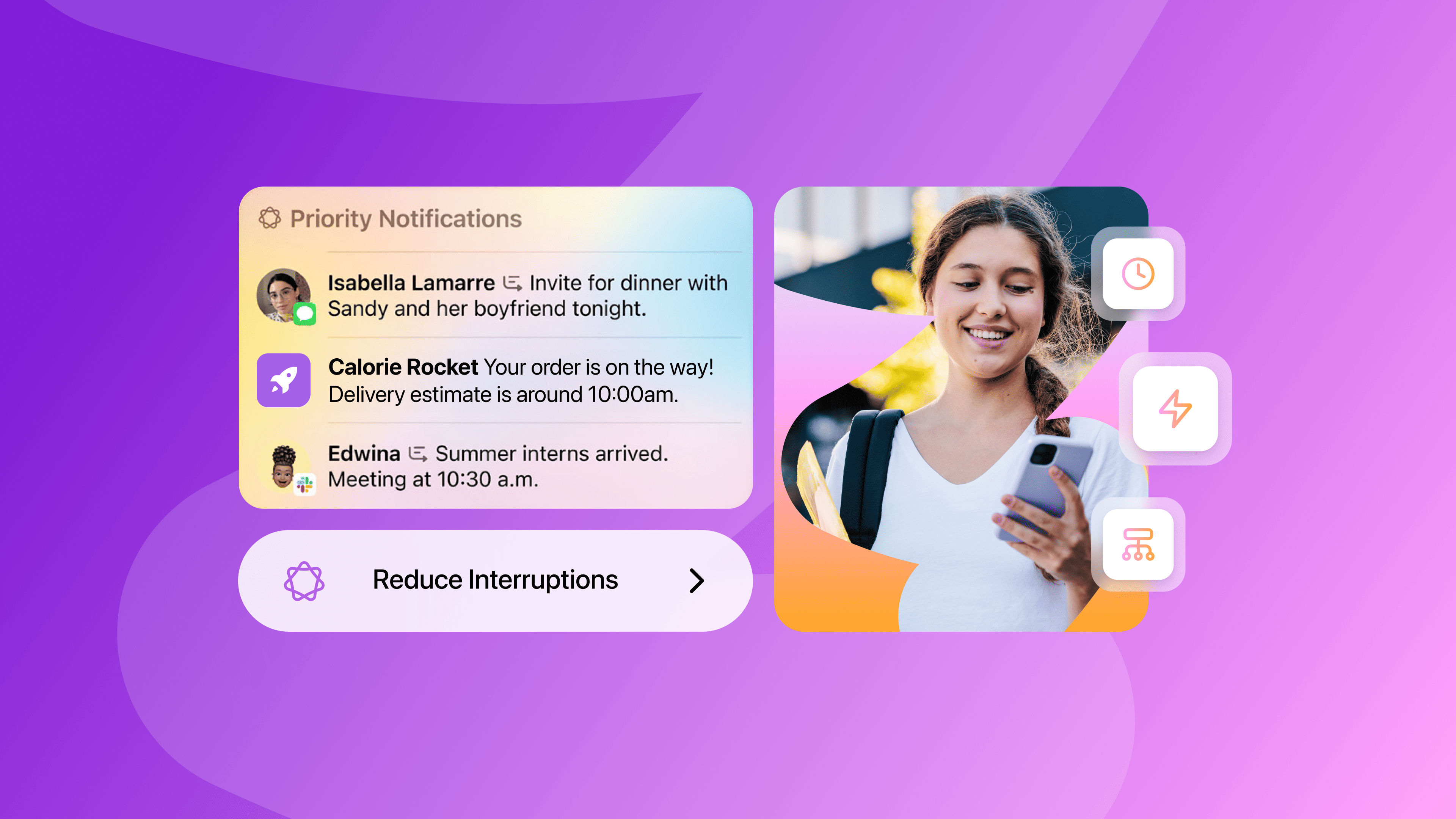 a woman is smiling while looking at her phone with priority notifications displayed