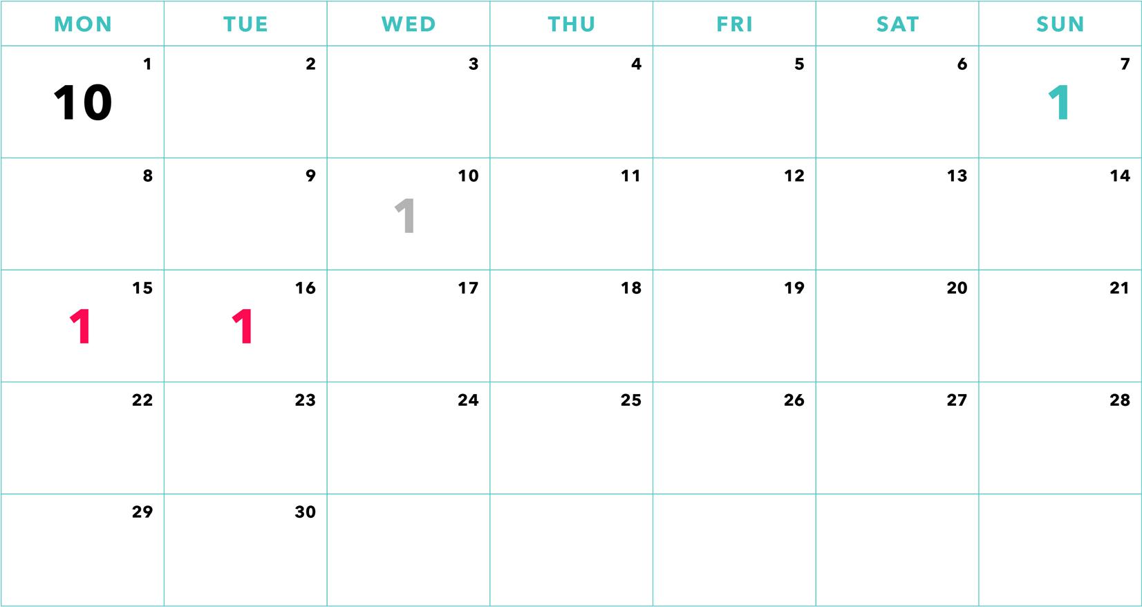 A blank calendar for the month, with the numbers 1 and 10 marked in pink and gray on specific dates.