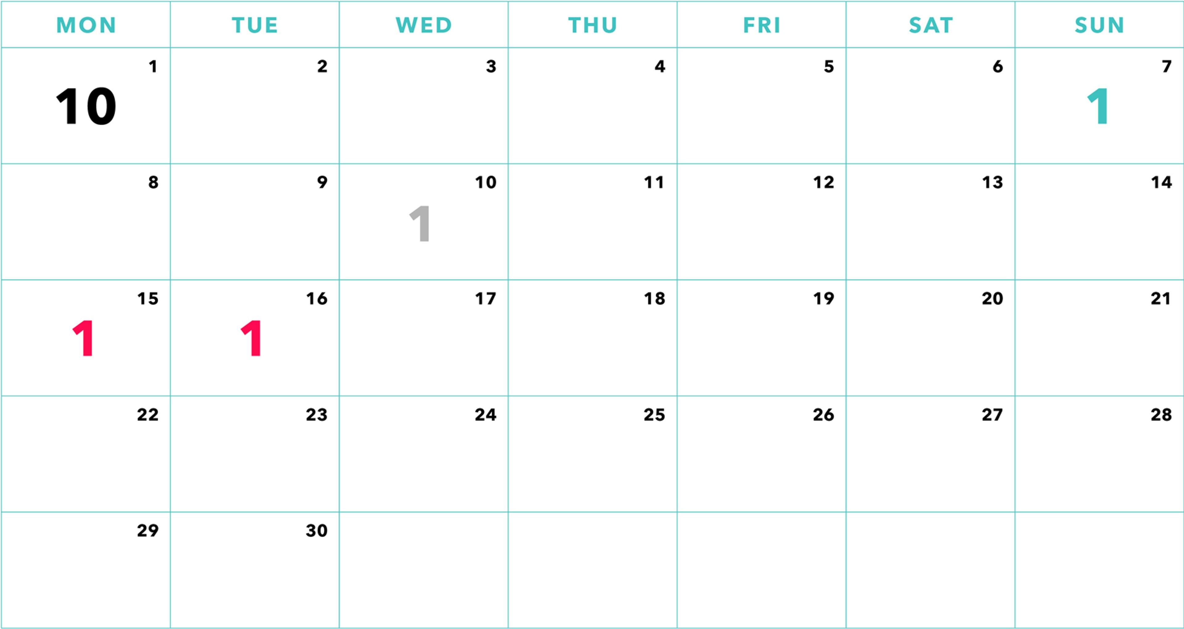 A blank calendar for the month, with the numbers 1 and 10 marked in pink and gray on specific dates.