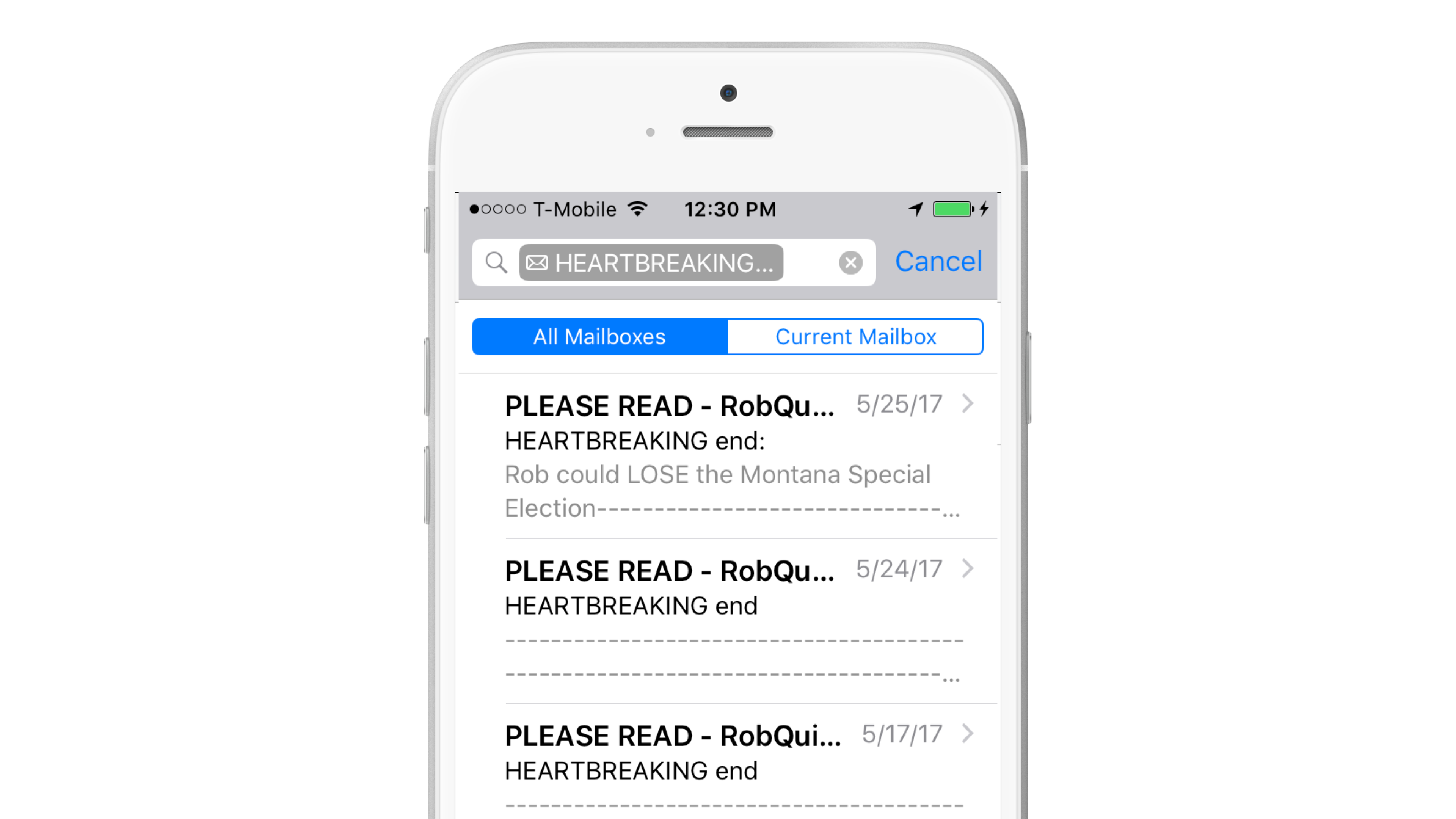 A smartphone screen displaying an email inbox with several messages titled "PLEASE READ - RobQu..." and "HEARTBREAKING end." The date on one email is 5/25/17.