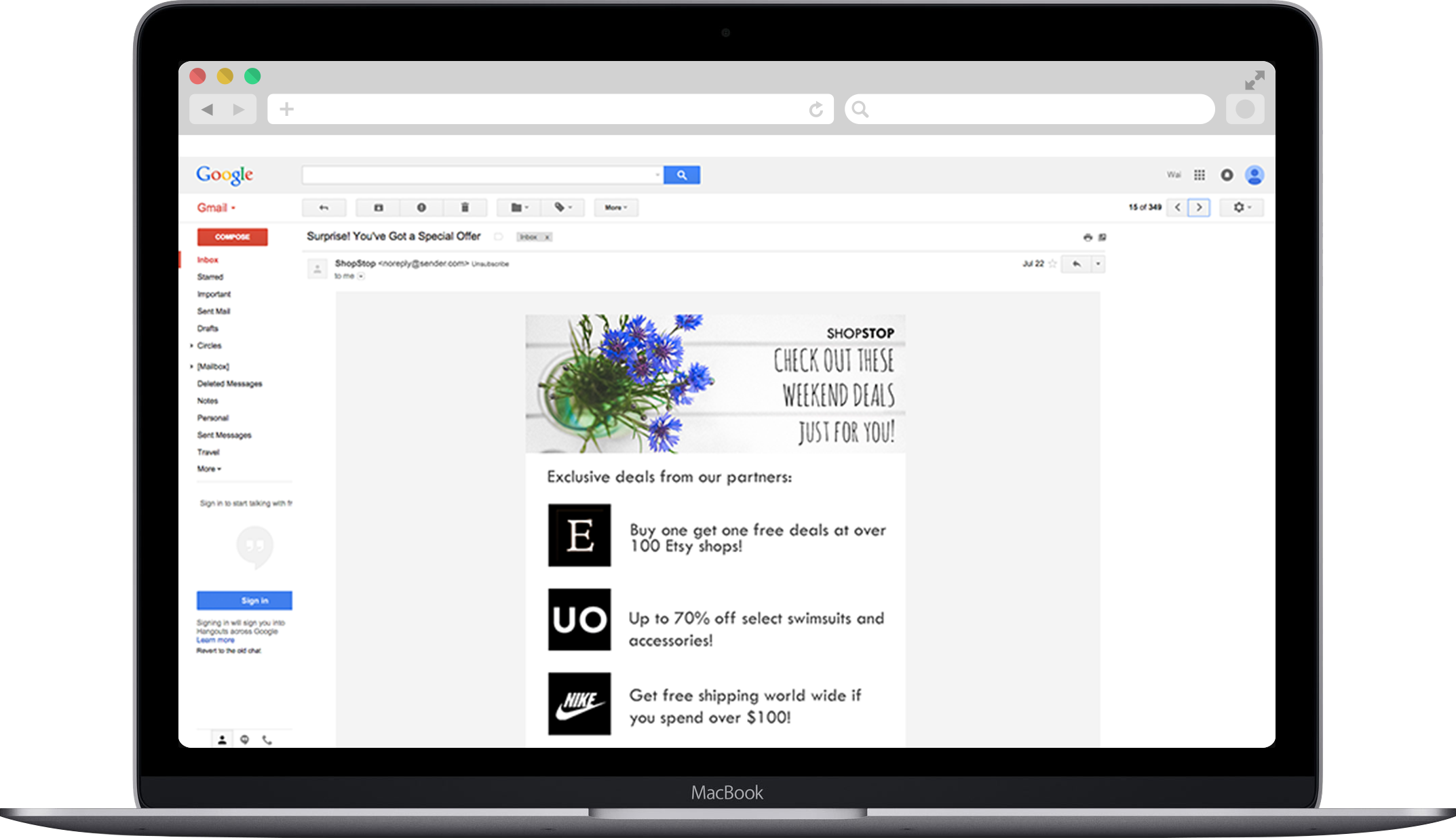 An email interface displaying a promotional message with a vase of blue flowers and various deals from partners. The layout includes text about exclusive offers and discounts.