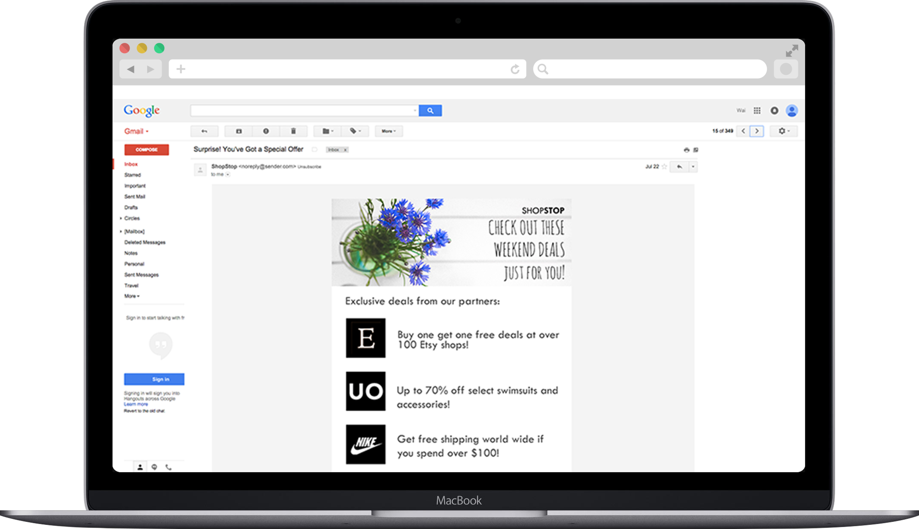 An email interface displaying a promotional message with a vase of blue flowers and various deals from partners. The layout includes text about exclusive offers and discounts.