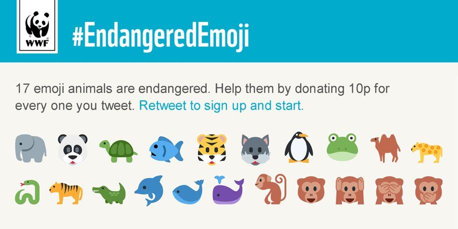 A graphic promoting the #EndangeredEmoji campaign by WWF, featuring 17 emoji animals that are endangered. It encourages donations for each emoji tweeted.