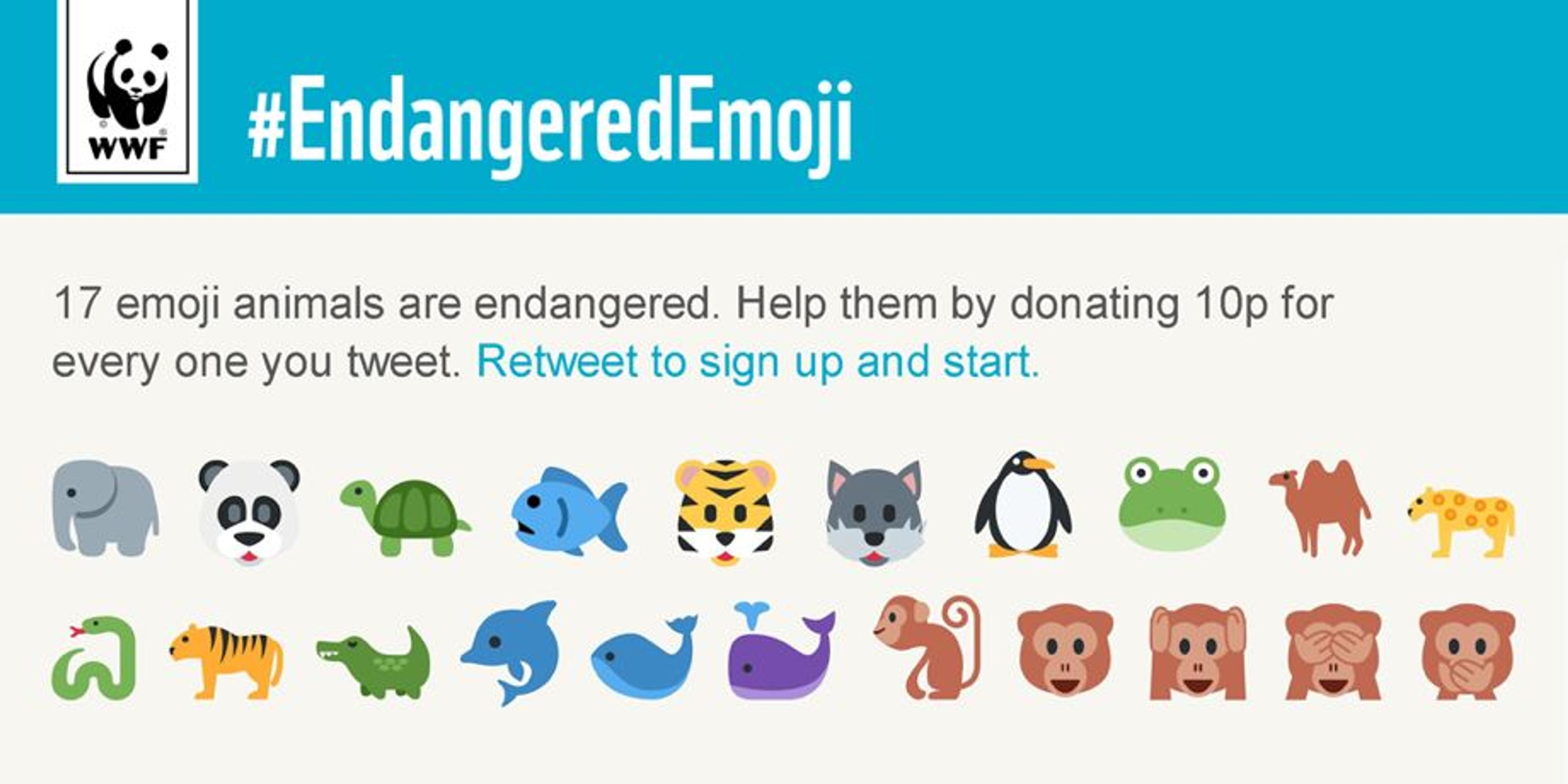 A graphic promoting the #EndangeredEmoji campaign by WWF, featuring 17 emoji animals that are endangered. It encourages donations for each emoji tweeted.
