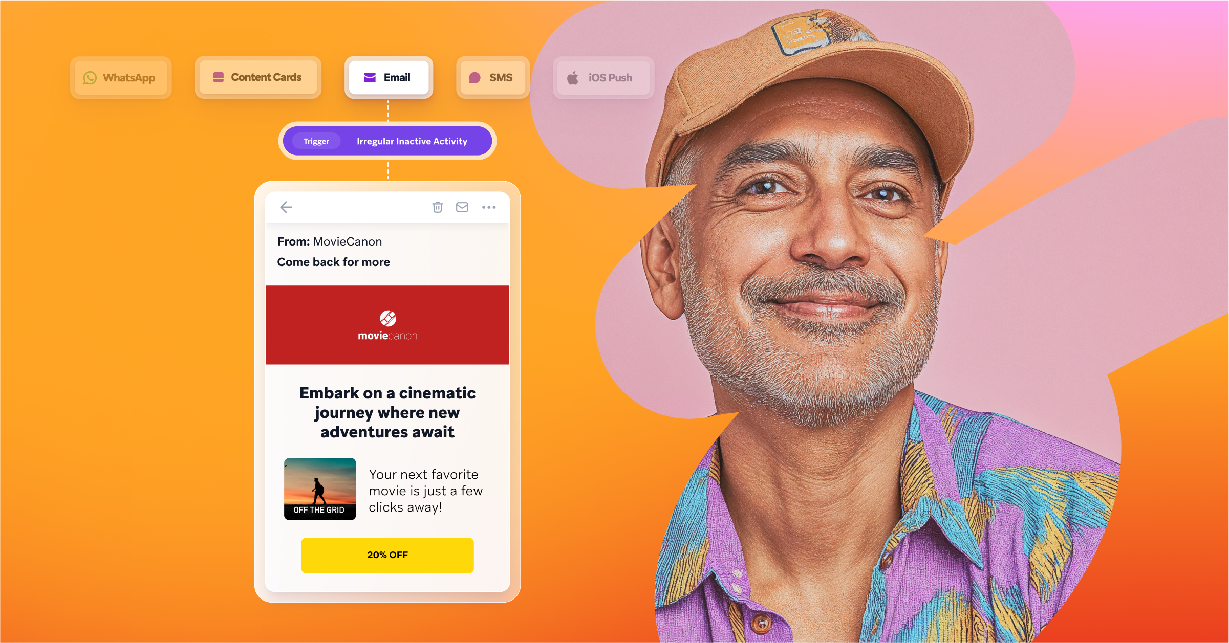 a person with a beard is smiling in front of a screen that says embark on a cinematic journey