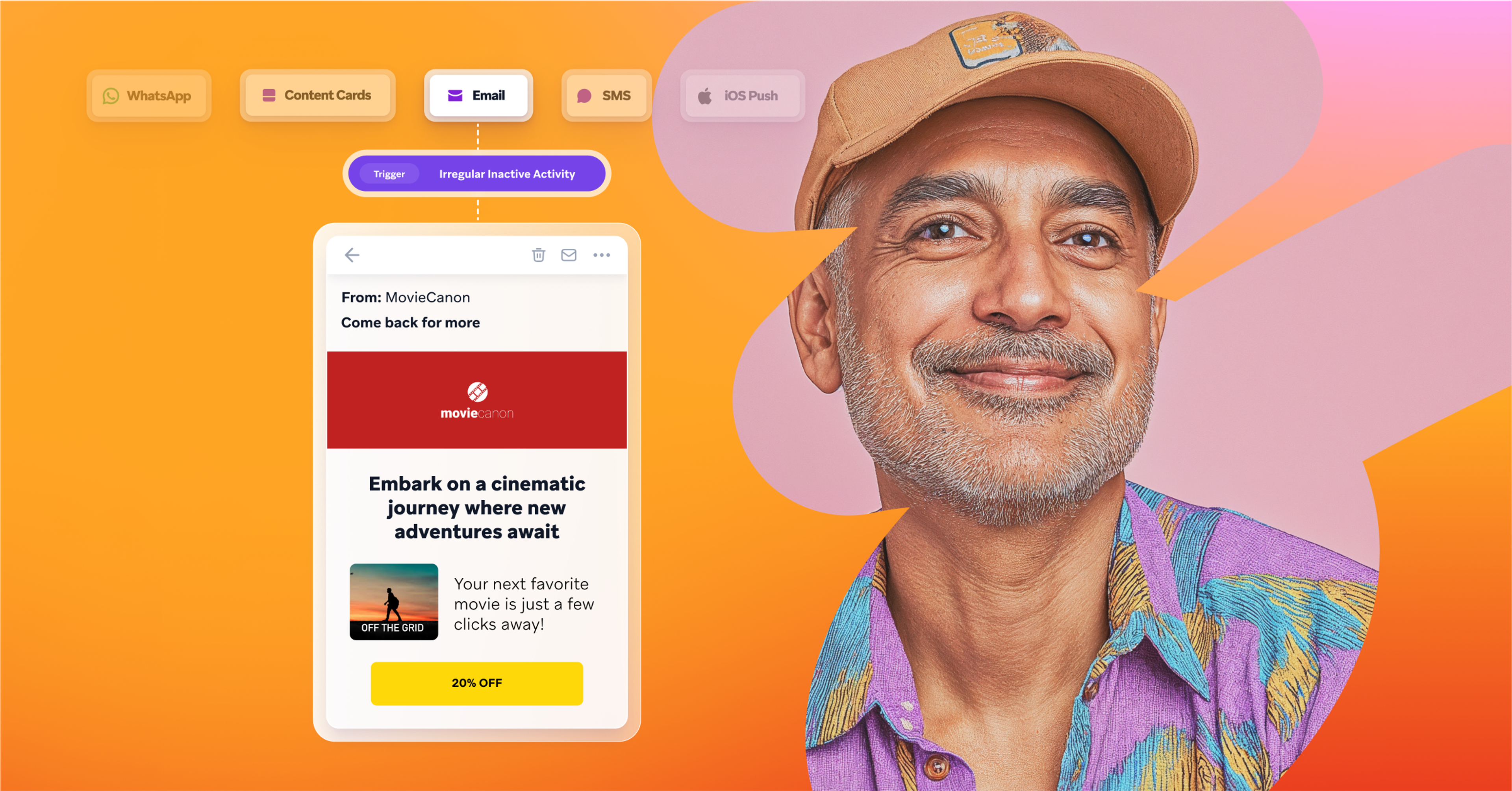 a person with a beard is smiling in front of a screen that says embark on a cinematic journey