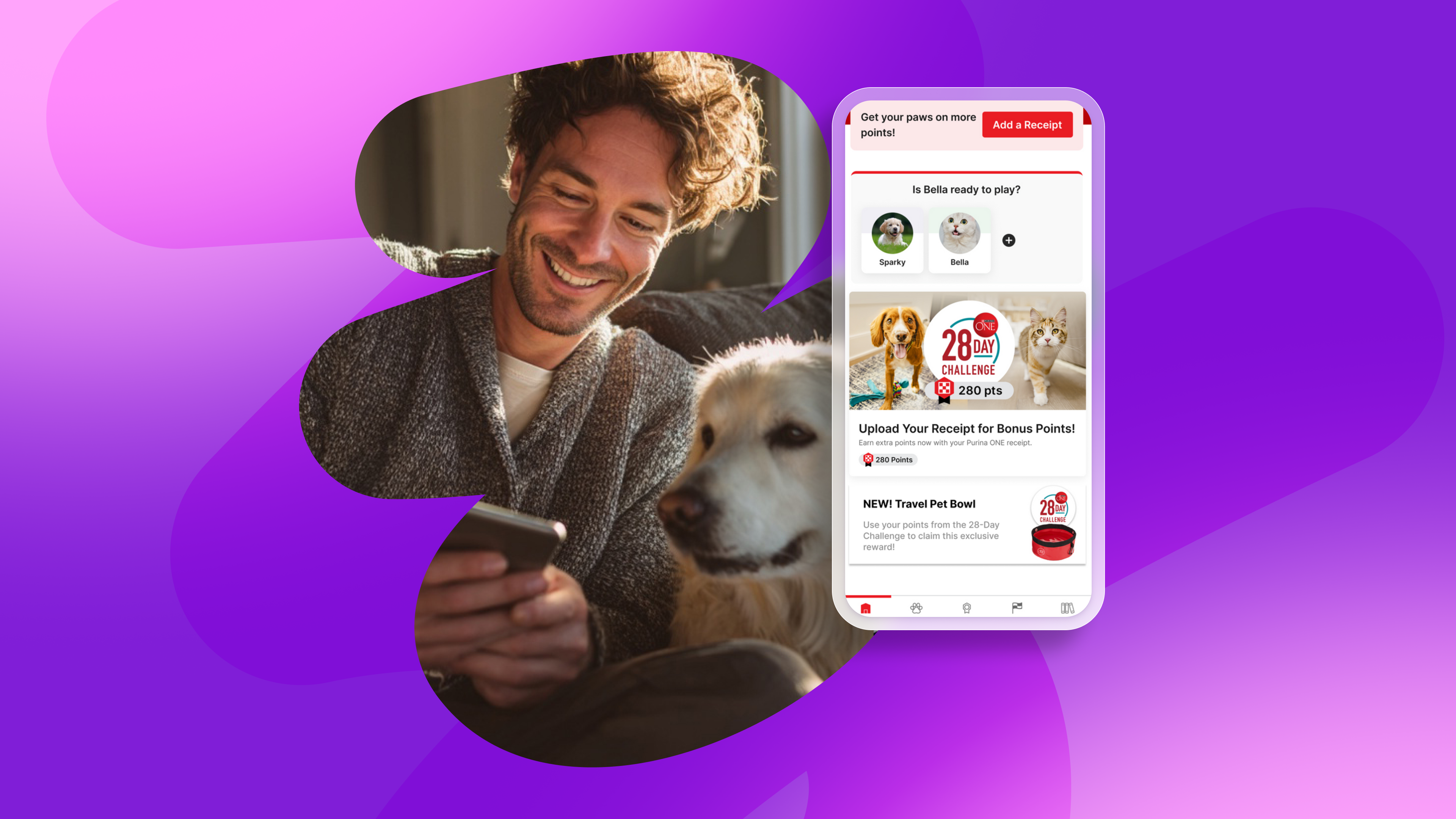 a man sitting next to a dog looking at his phone