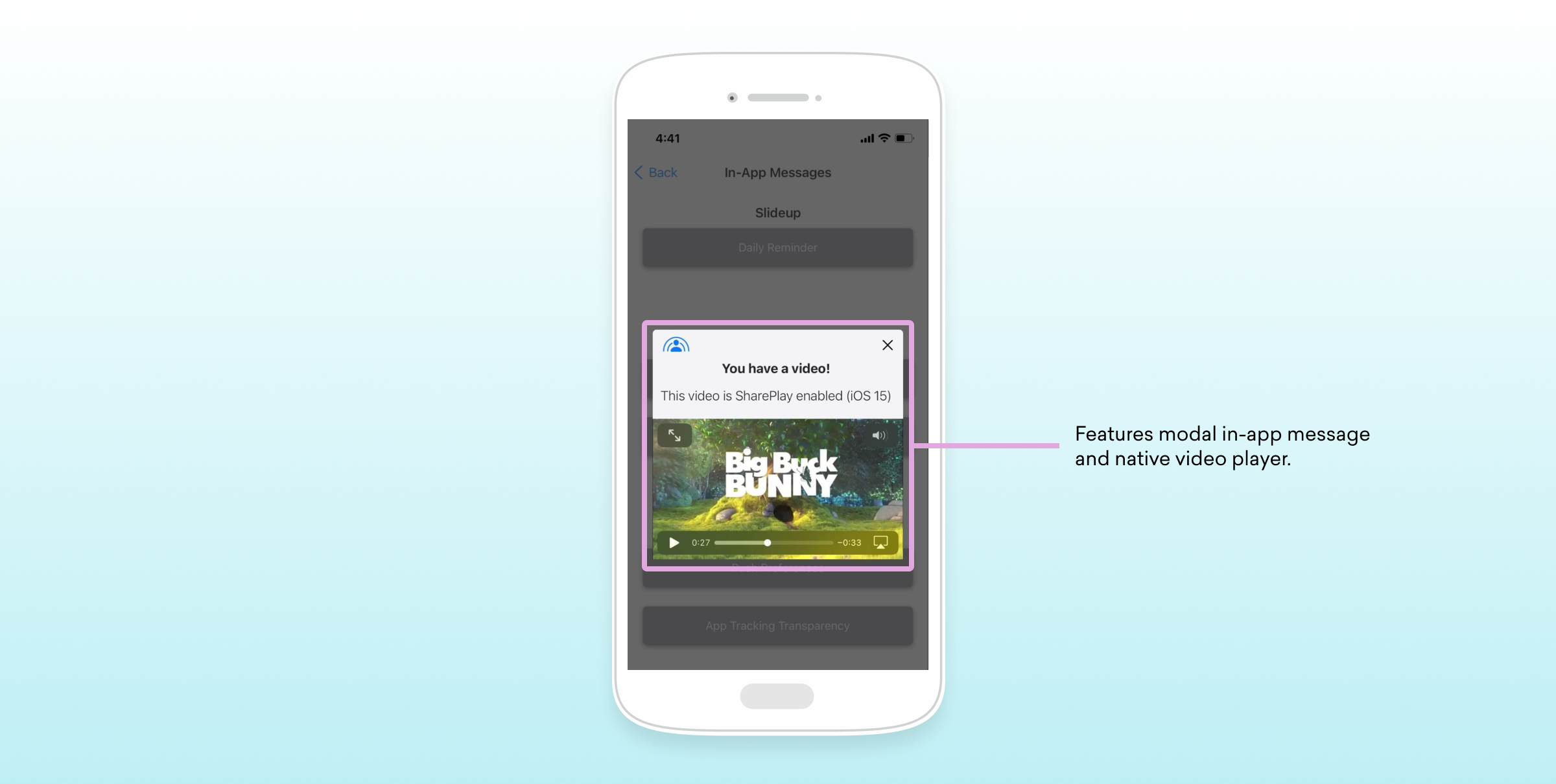 A smartphone screen displays a video notification with a modal message indicating that video sharing is enabled. The video player shows a clip from "Big Buck Bunny.