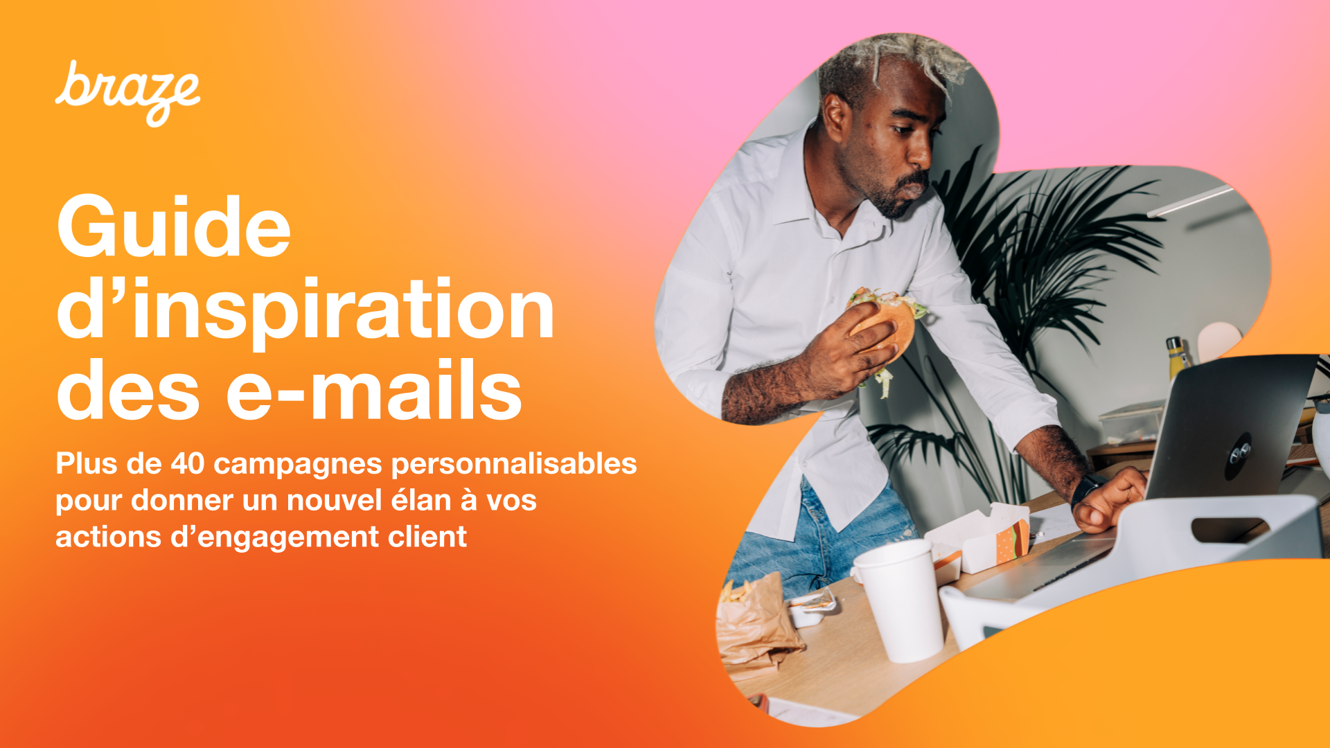 an advertisement for braze shows a man eating a sandwich