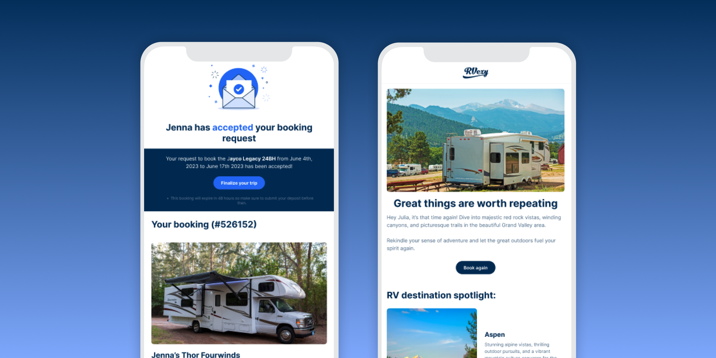 A mobile screen displaying a booking confirmation for an RV rental, including details about the booking and a scenic image of an RV in a mountainous area.