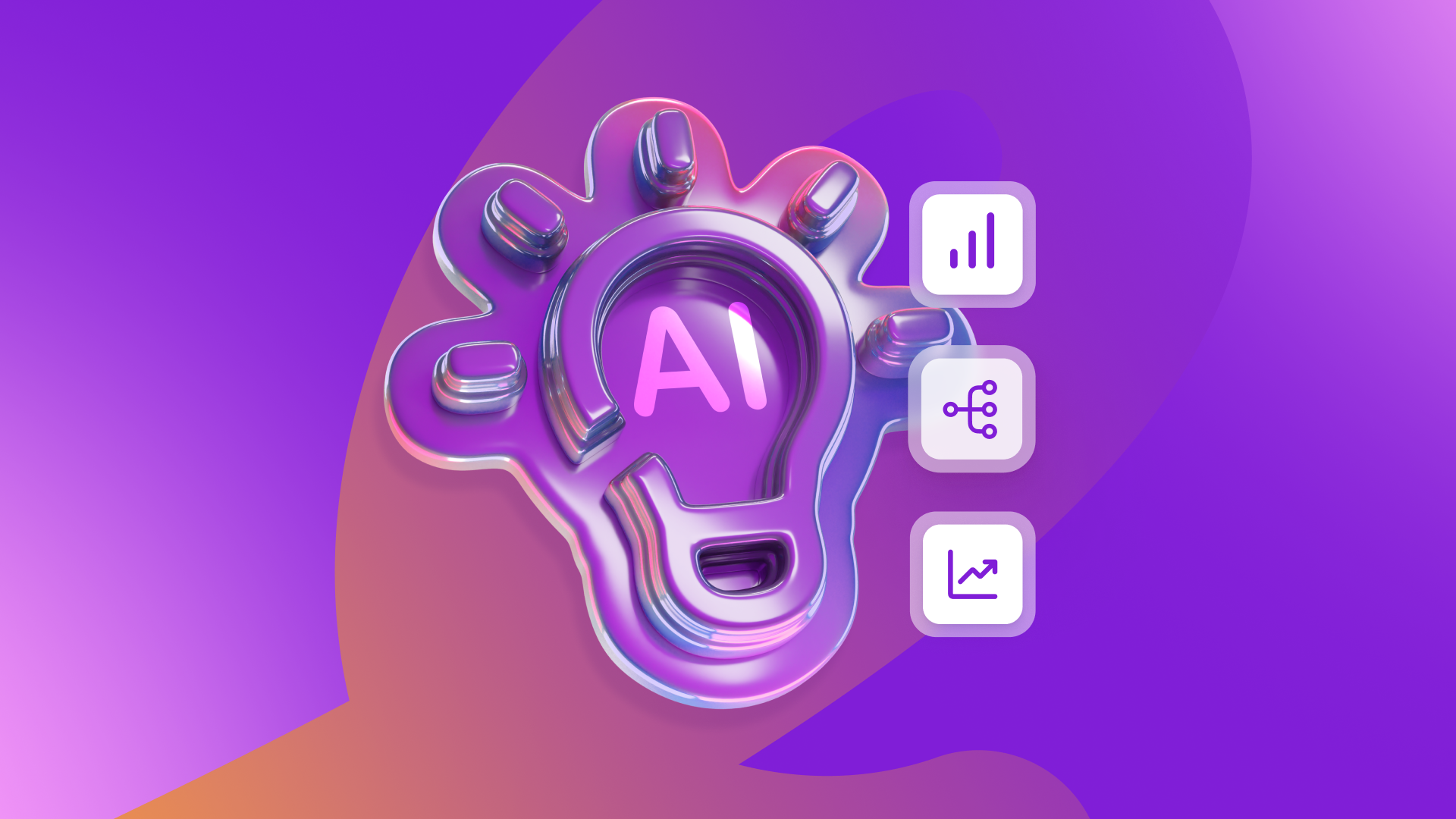 Metallic AI lightbulb shaped like a hand, with icons representing data, connection, and growth.