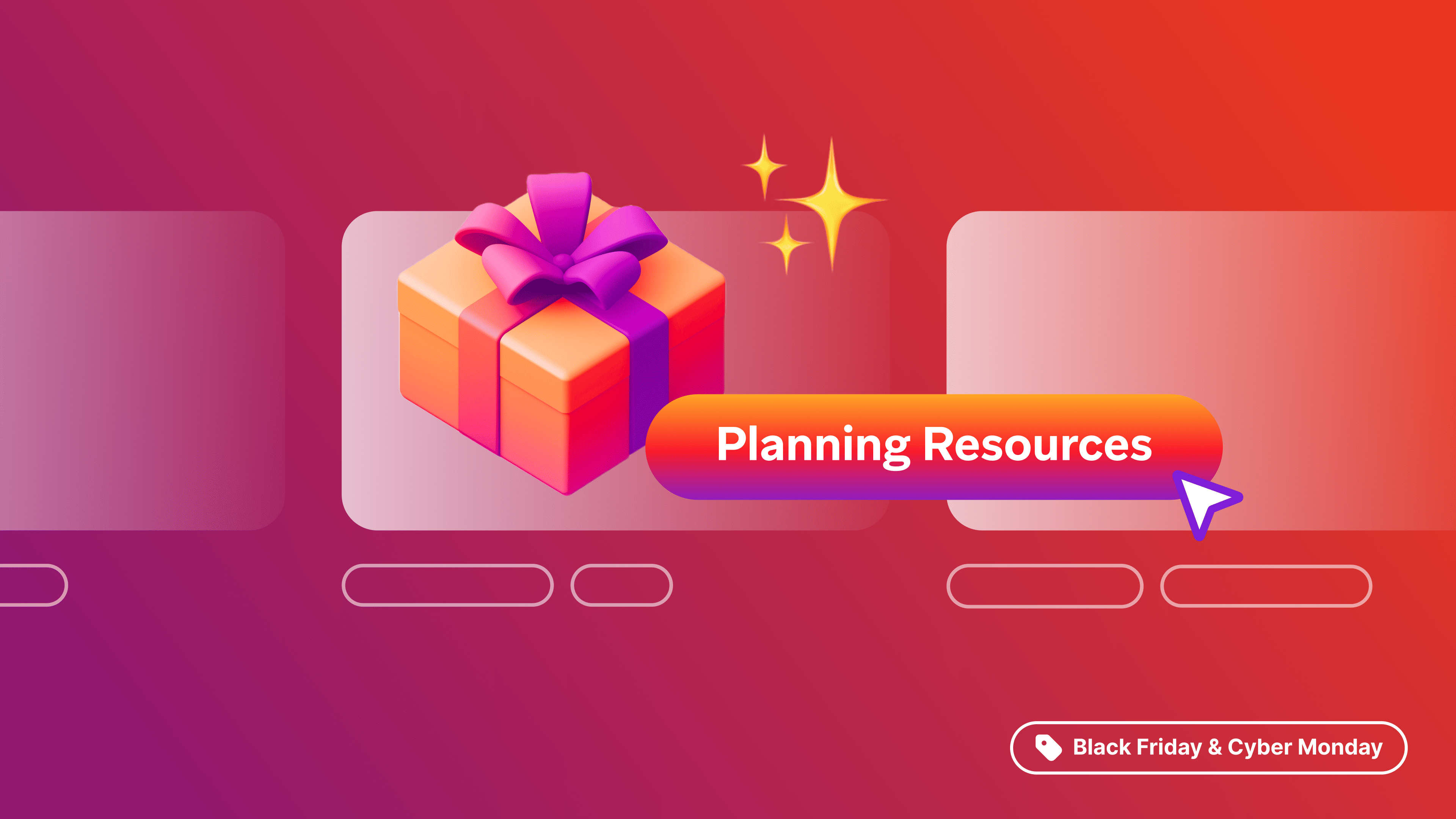 Gift box and sparkles on a red background behind a clickable button that says "planning resources"