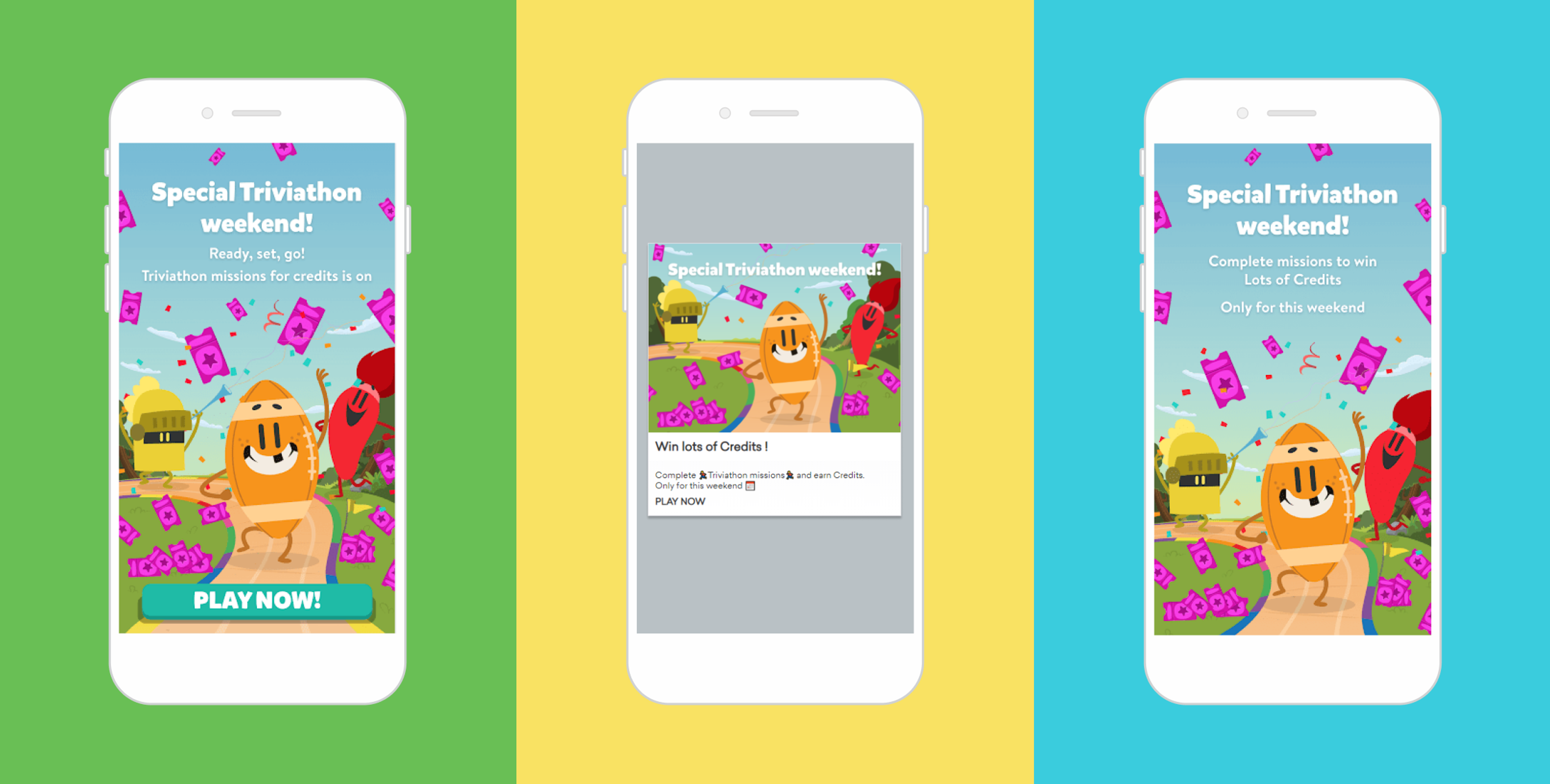 Three smartphone screens displaying a promotional graphic for a trivia event, featuring colorful backgrounds and cartoon characters. The text highlights a special weekend with missions to win credits.