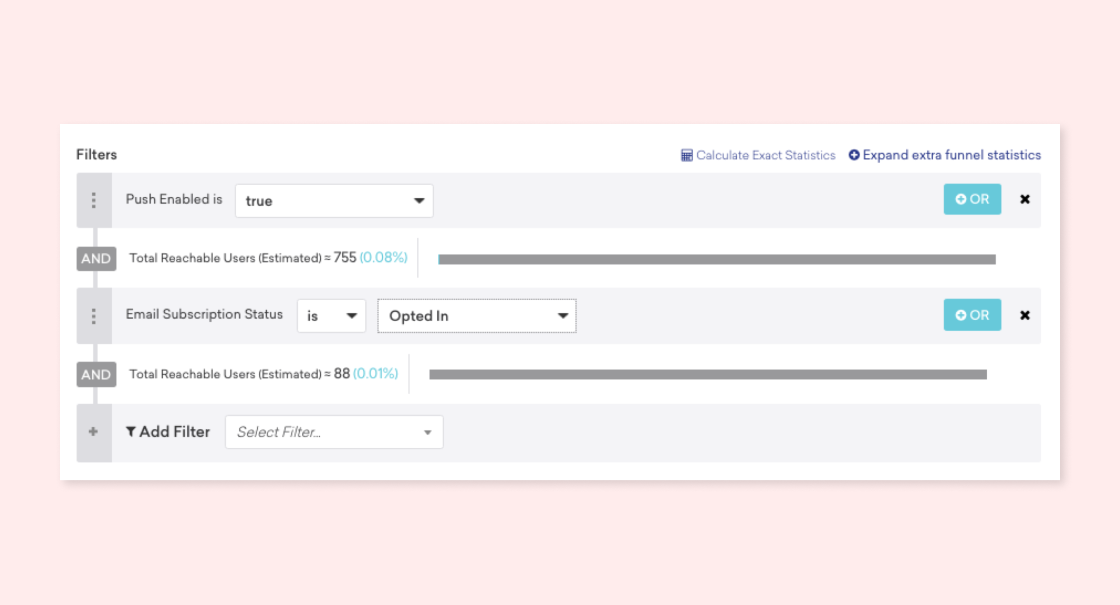 A user interface displaying filter options for a data analysis tool, including settings for push notifications and email subscription status. The layout features dropdown menus and estimated user counts.