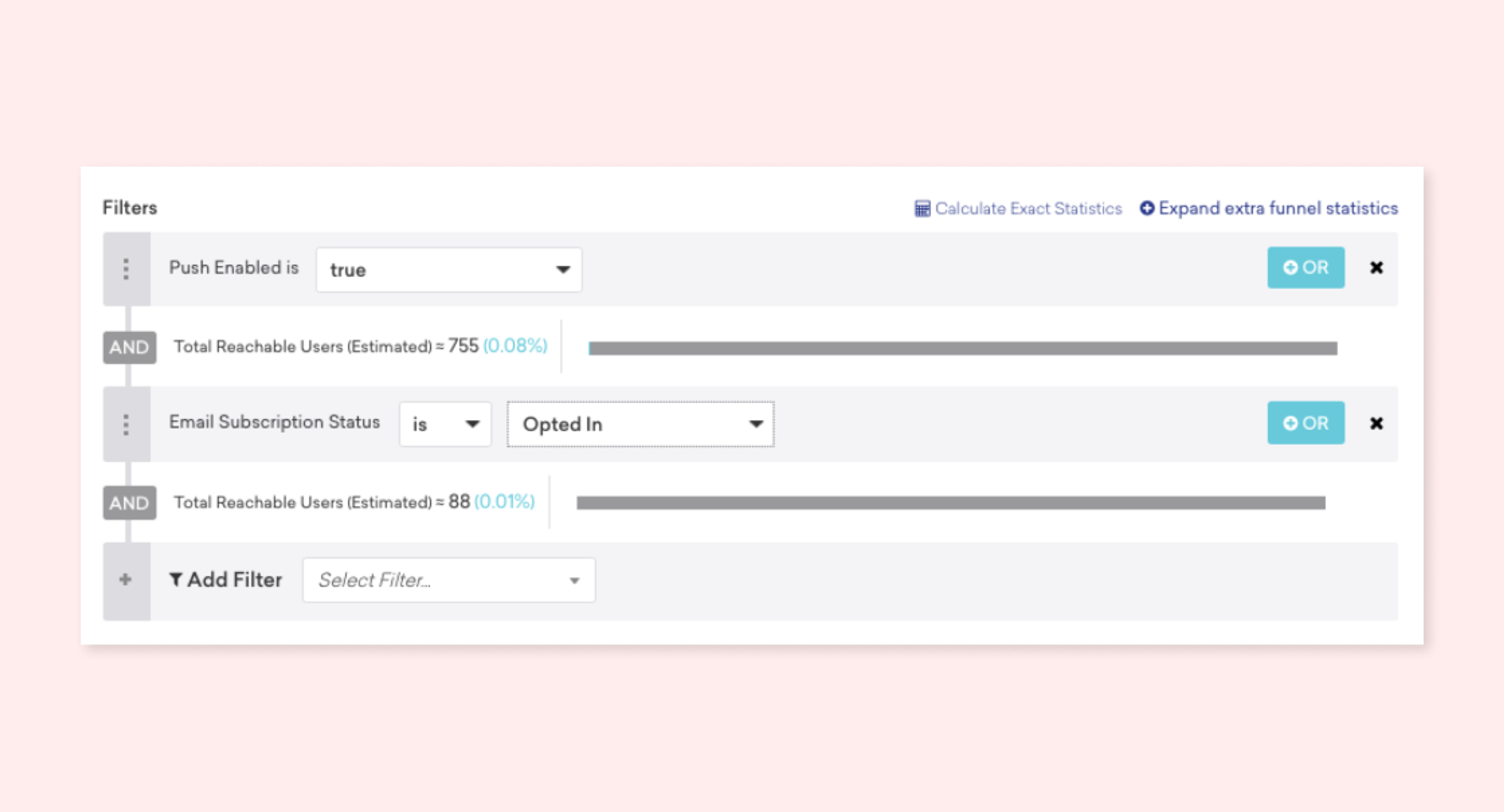 A user interface displaying filter options for a data analysis tool, including settings for push notifications and email subscription status. The layout features dropdown menus and estimated user counts.